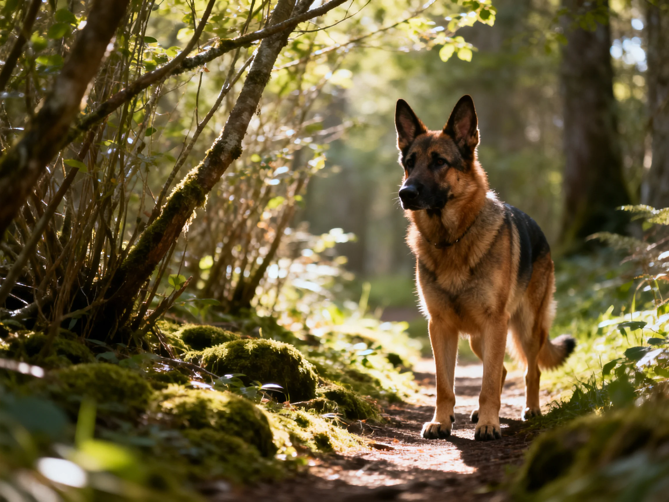 A German Shepherd stands on a moss-covered forest trail bathed in sunlight