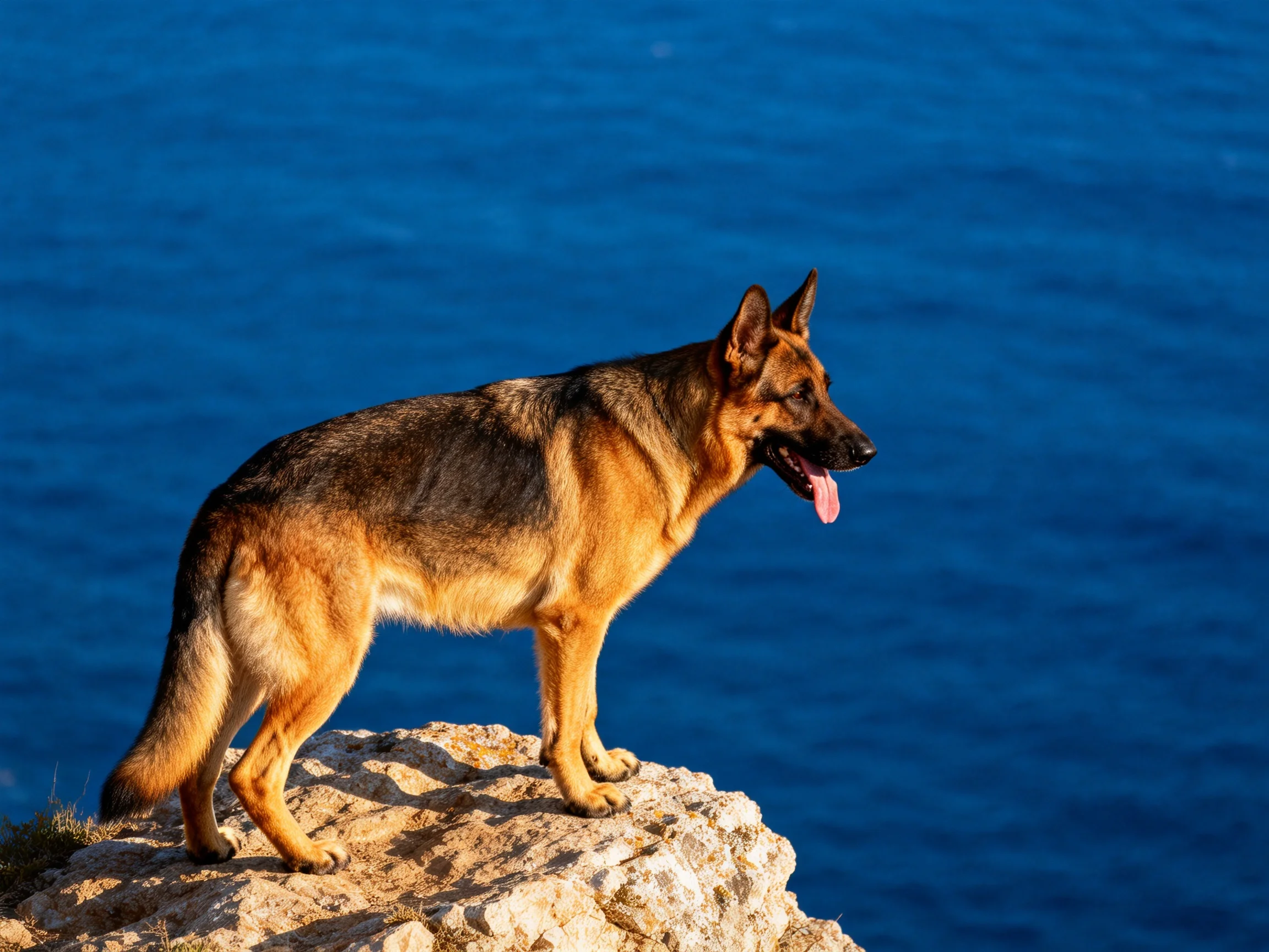 A German Shepherd stands on a rocky cliff by deep blue ocean waters.