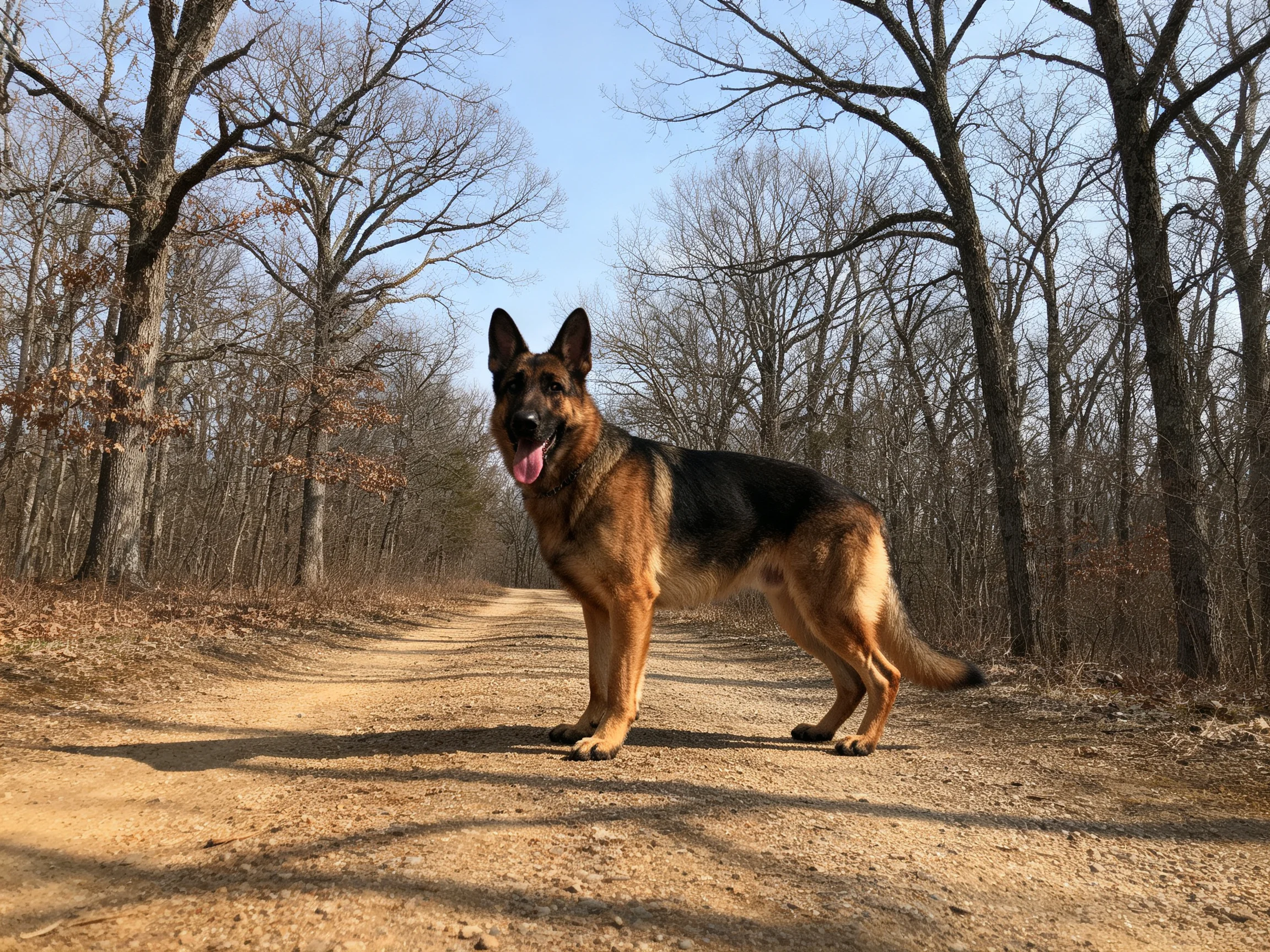A German Shepherd stands on a dirt path in a forest with bare trees.