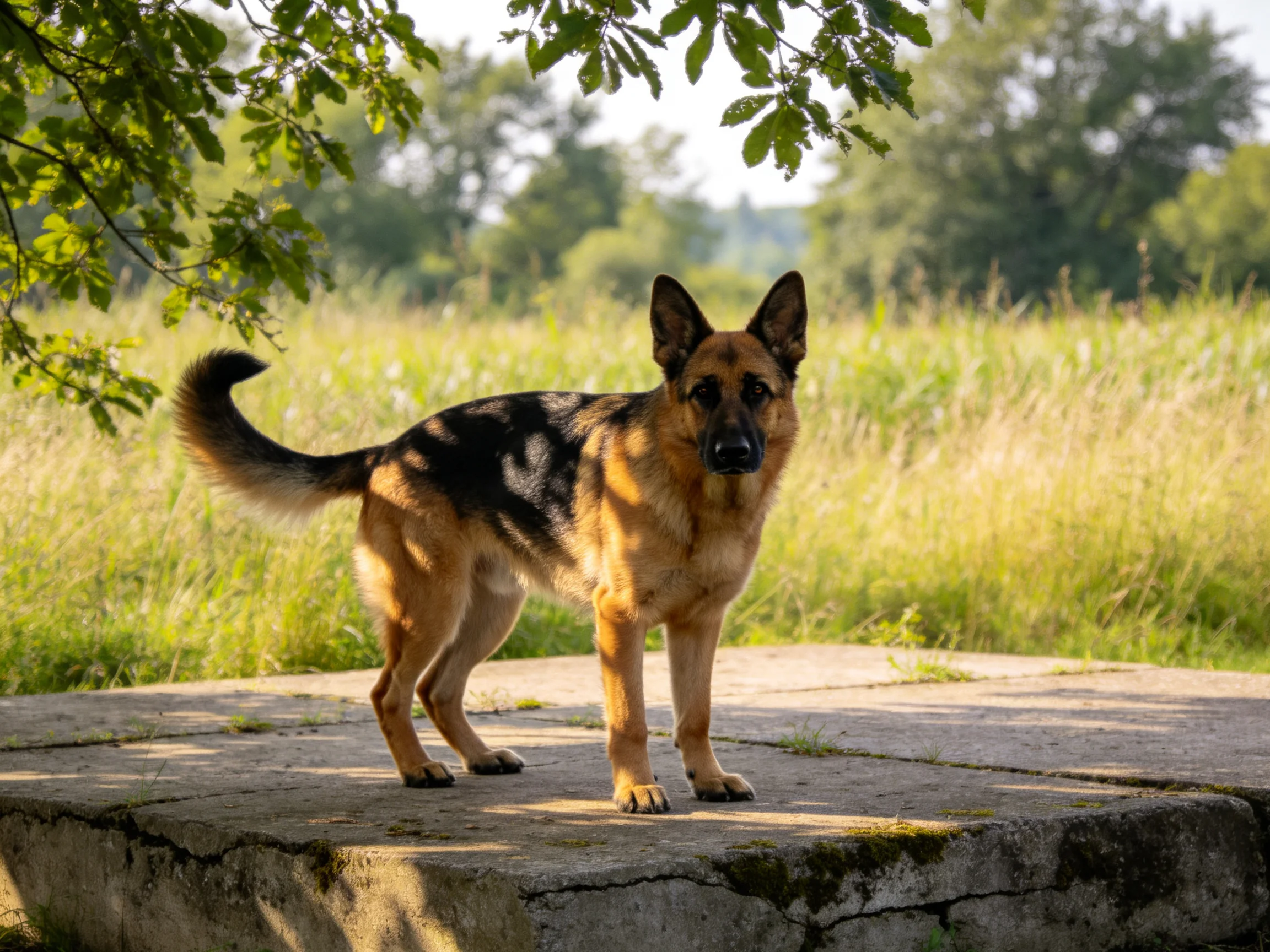 A German Shepherd stands on a weathered concrete slab amid lush green fields