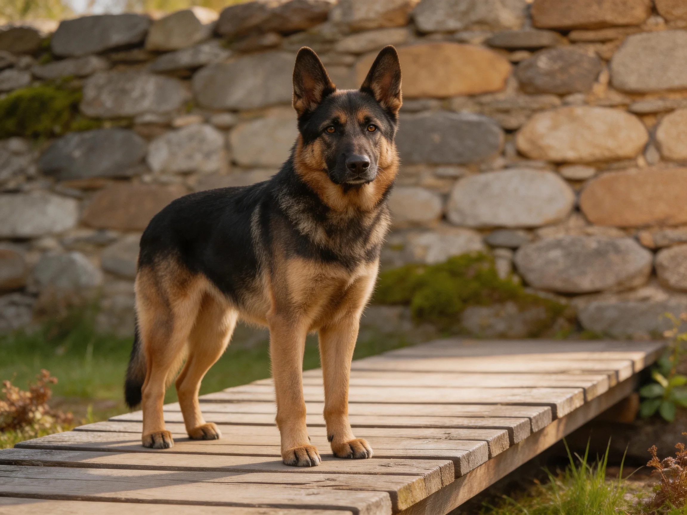 A German Shepherd stands on a wooden bridge next to a stone wall.
