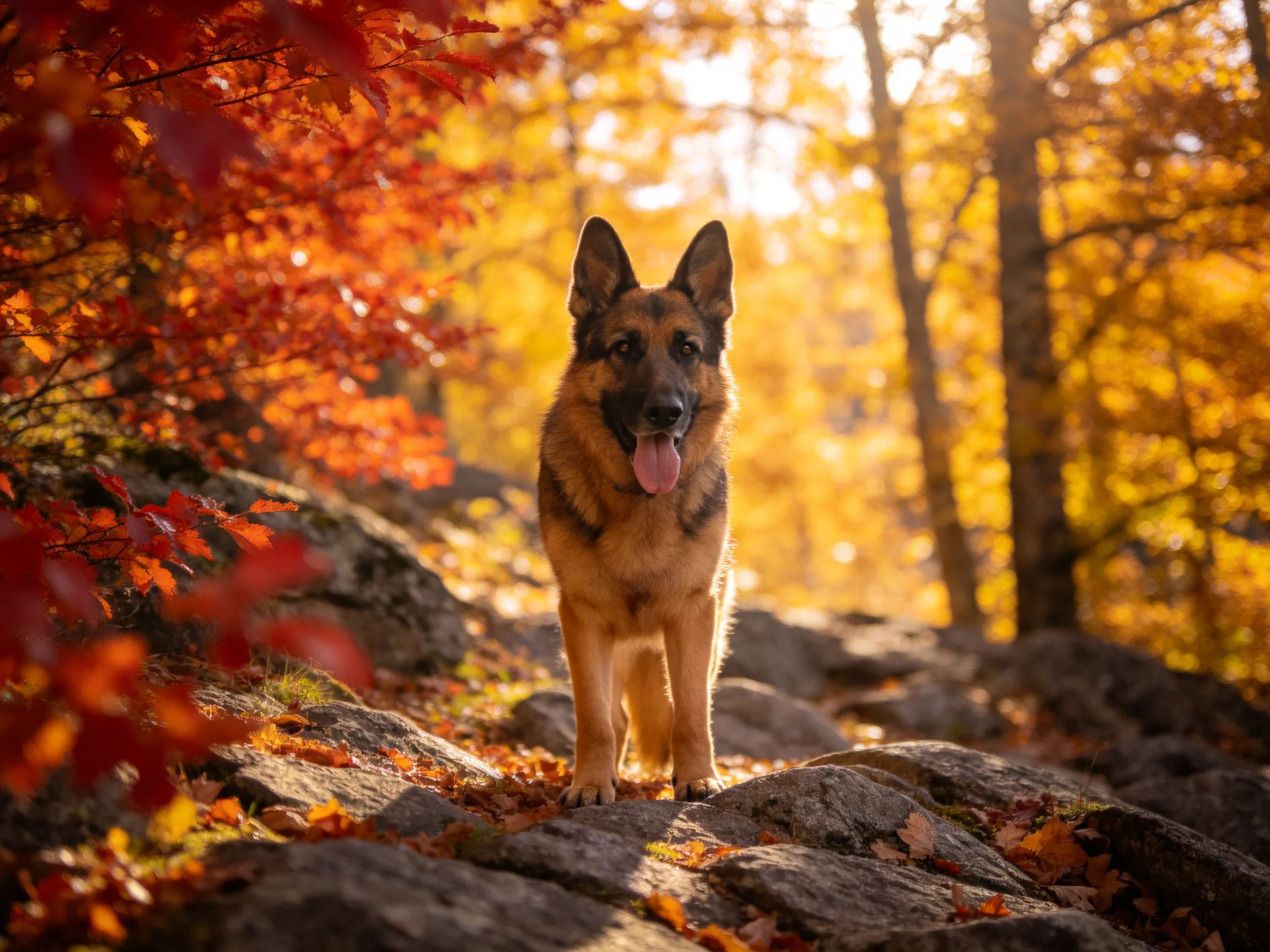 A German Shepherd stands on rocky ground near autumn trees with colorful leaves