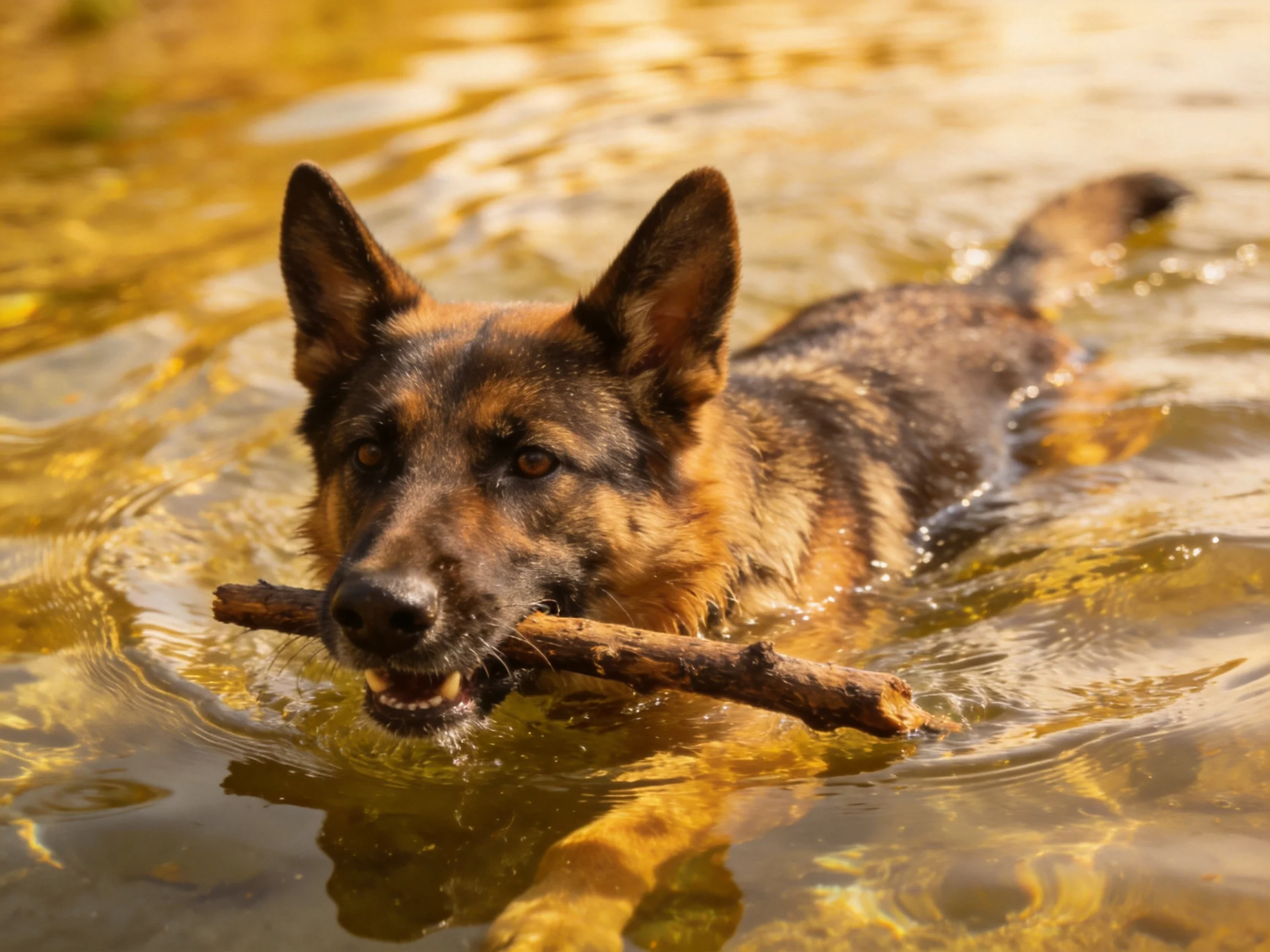 A German Shepherd swims through golden-hued water with a brown stick