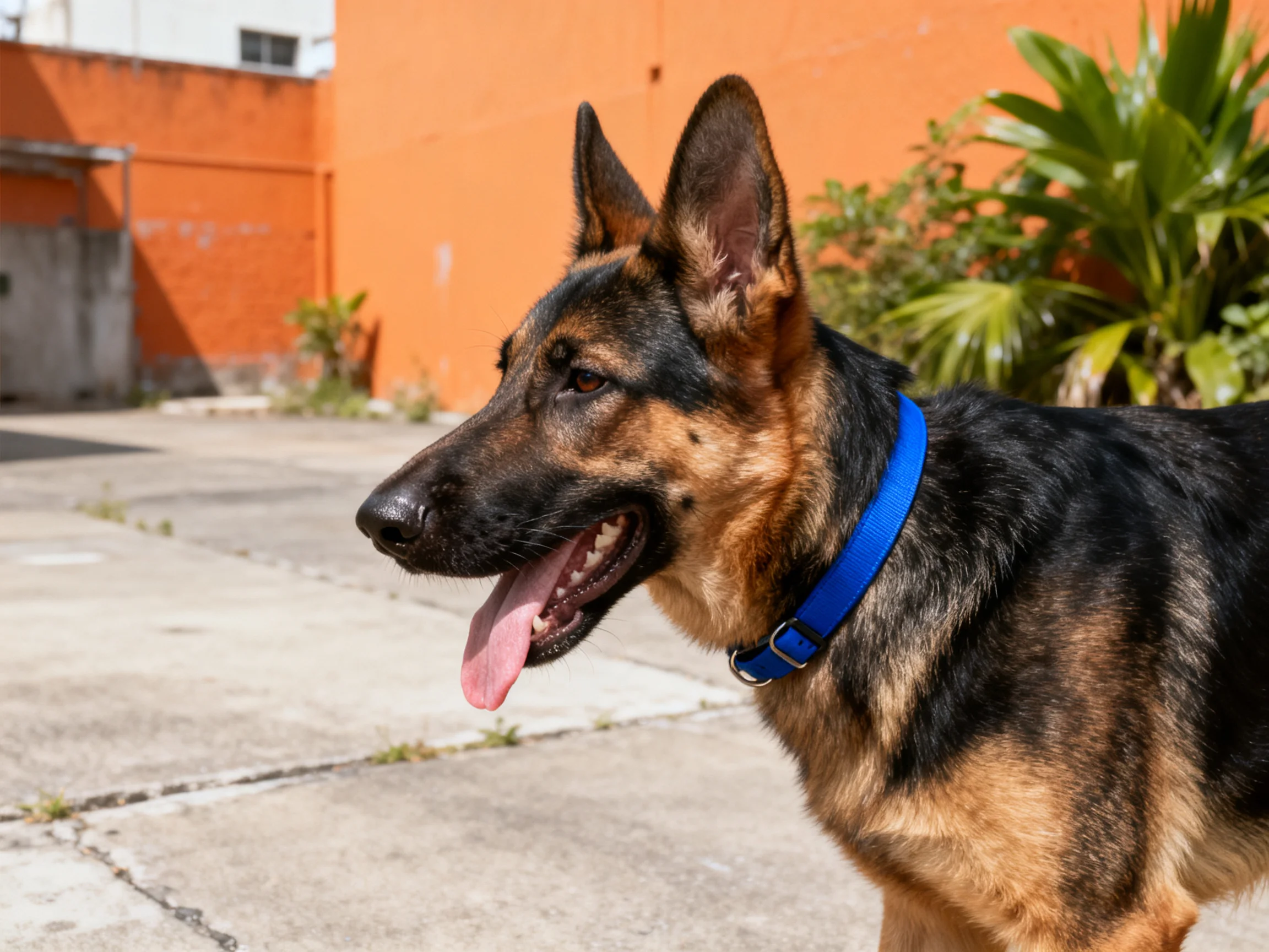 A German Shepherd with a blue collar stands near an orange wall on concrete pavement.