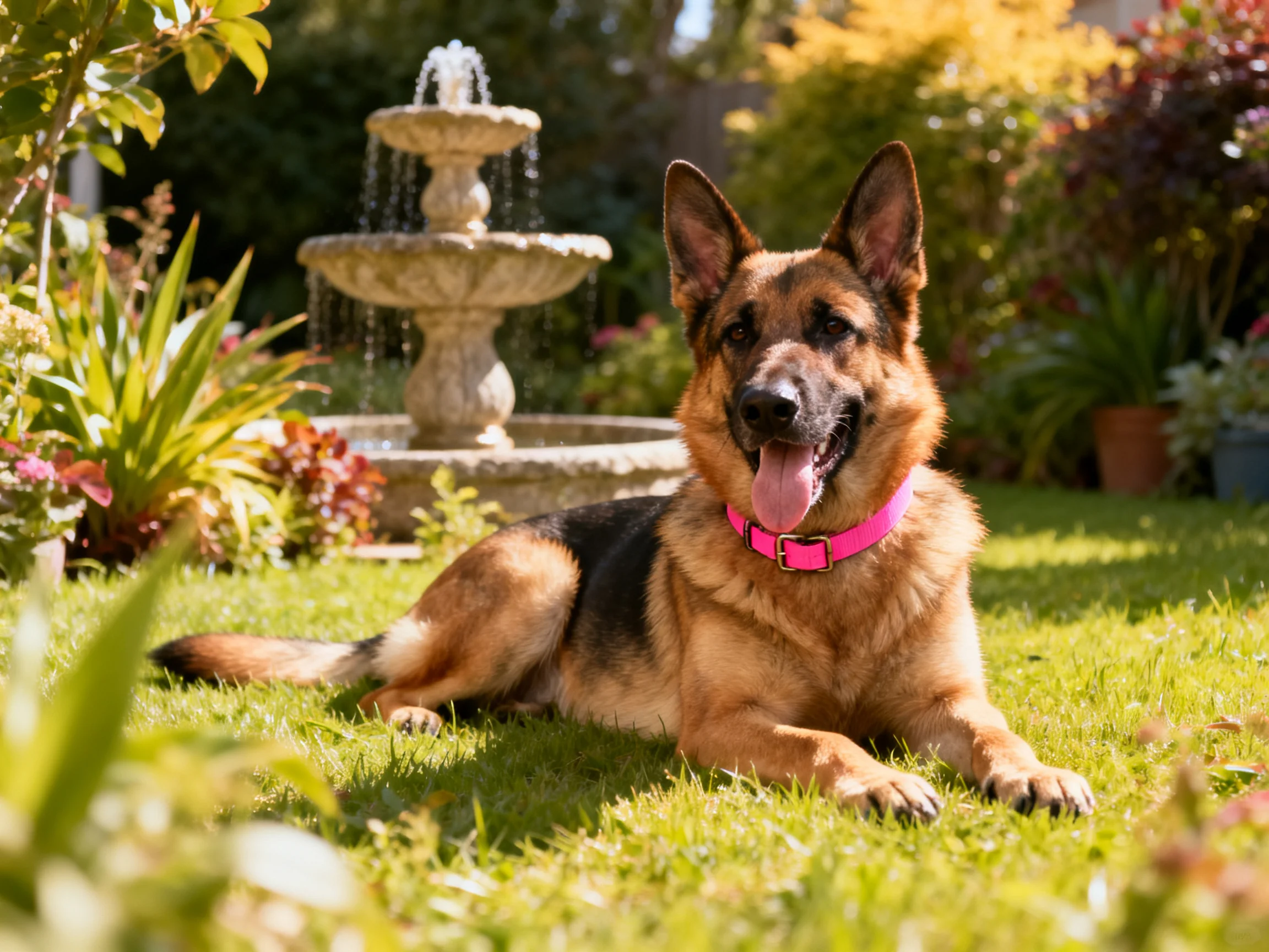 A German Shepherd with a pink collar relaxes on grass beside a stone fountain in a sunlit garden.