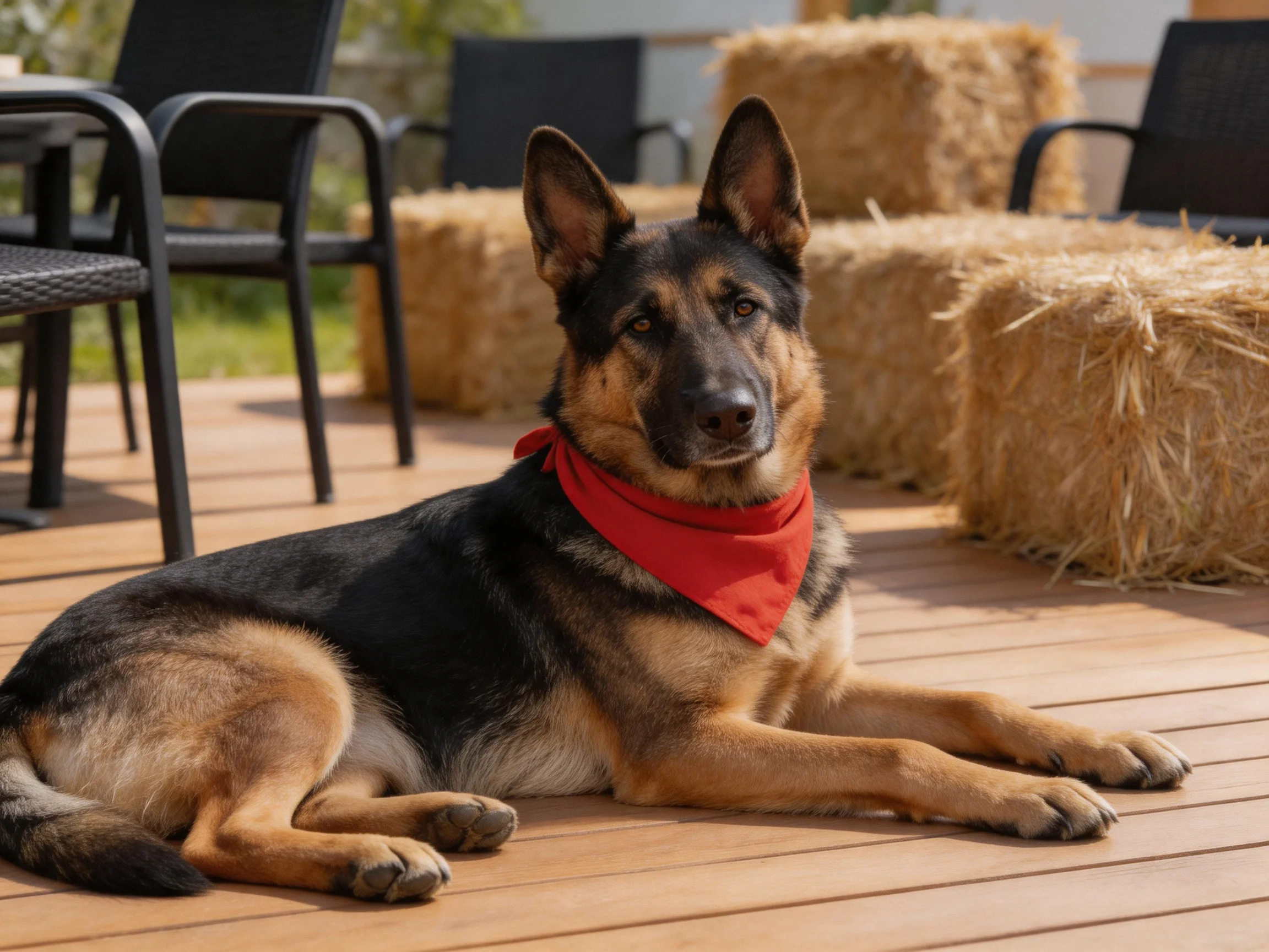 A German Shepherd with a red bandana rests near hay bales on a wooden deck