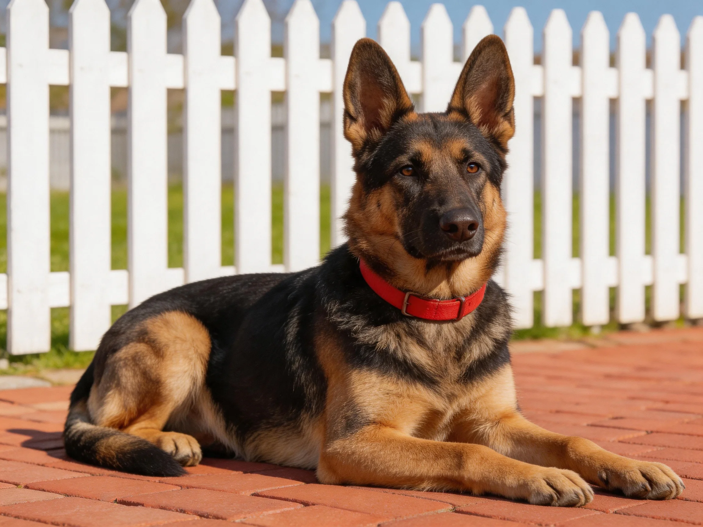 A German Shepherd with a red collar rests near a white picket fence