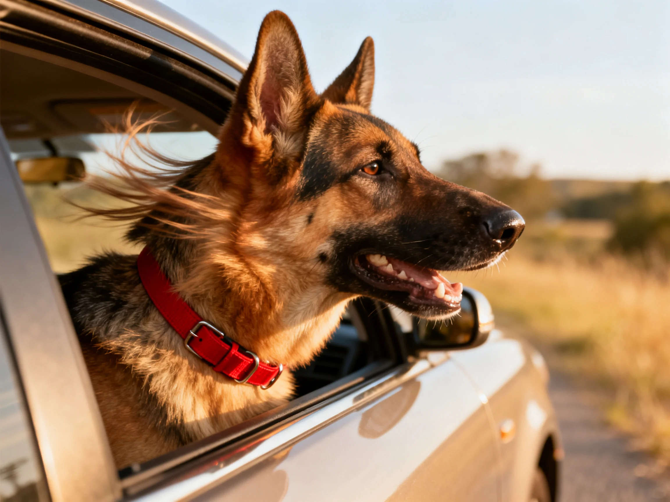 A German Shepherd with a red collar sticks its head out of a car window