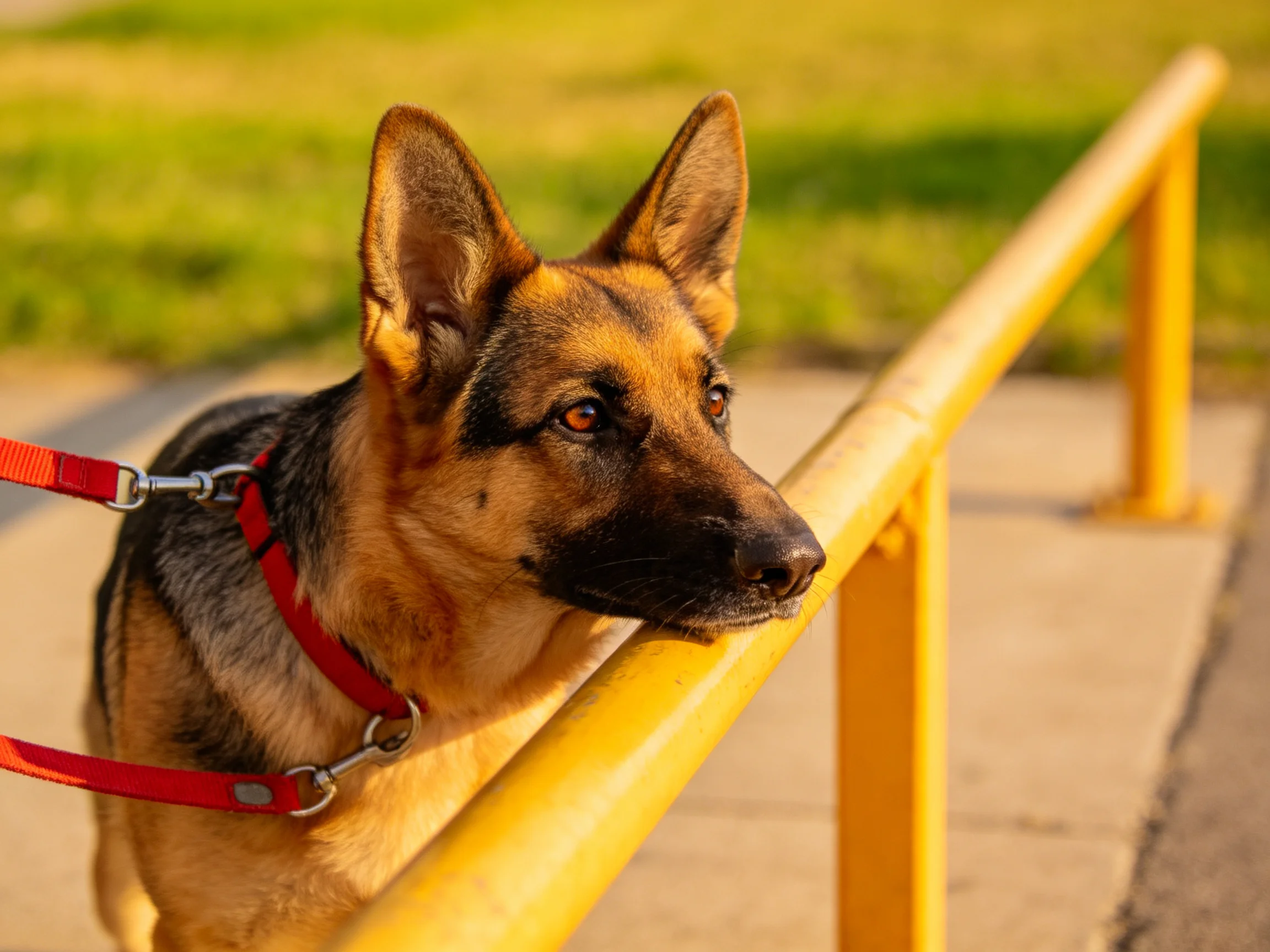 A German Shepherd with a red harness leans against a yellow railing outdoors