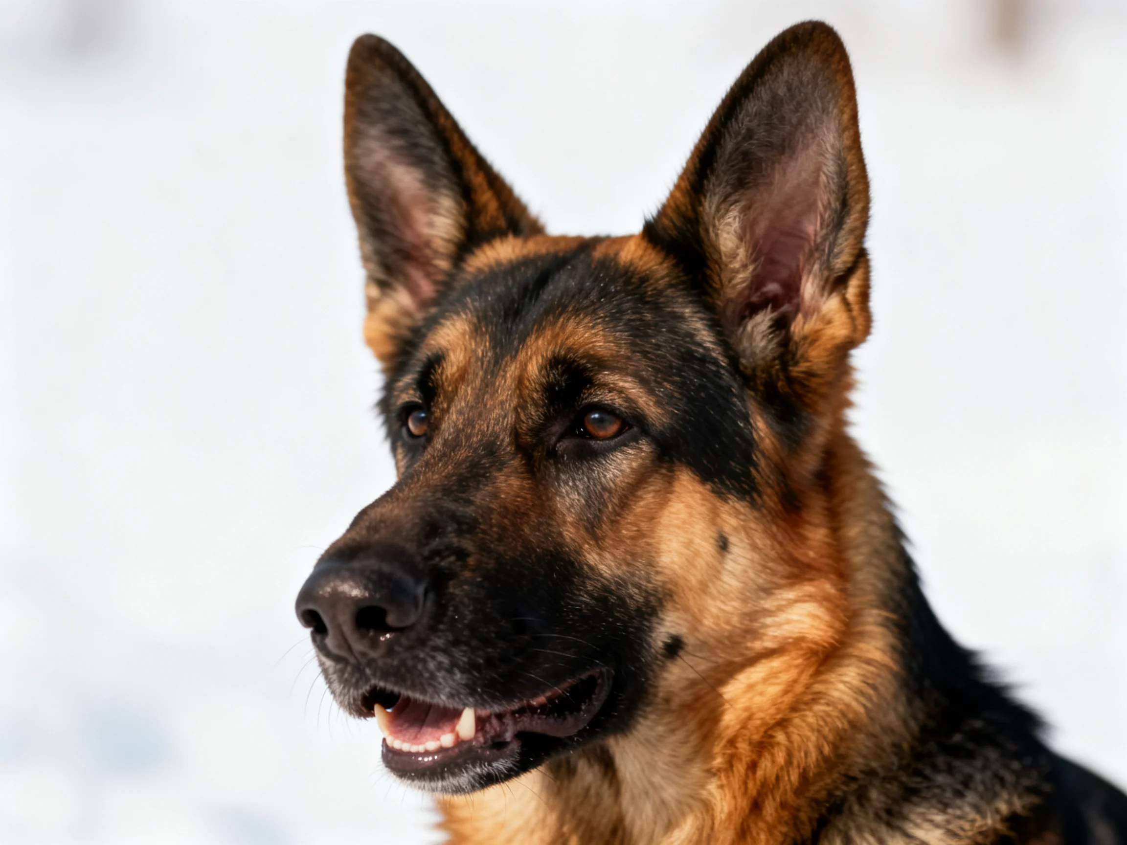 A German Shepherd with black and tan fur stands outdoors amid snow.
