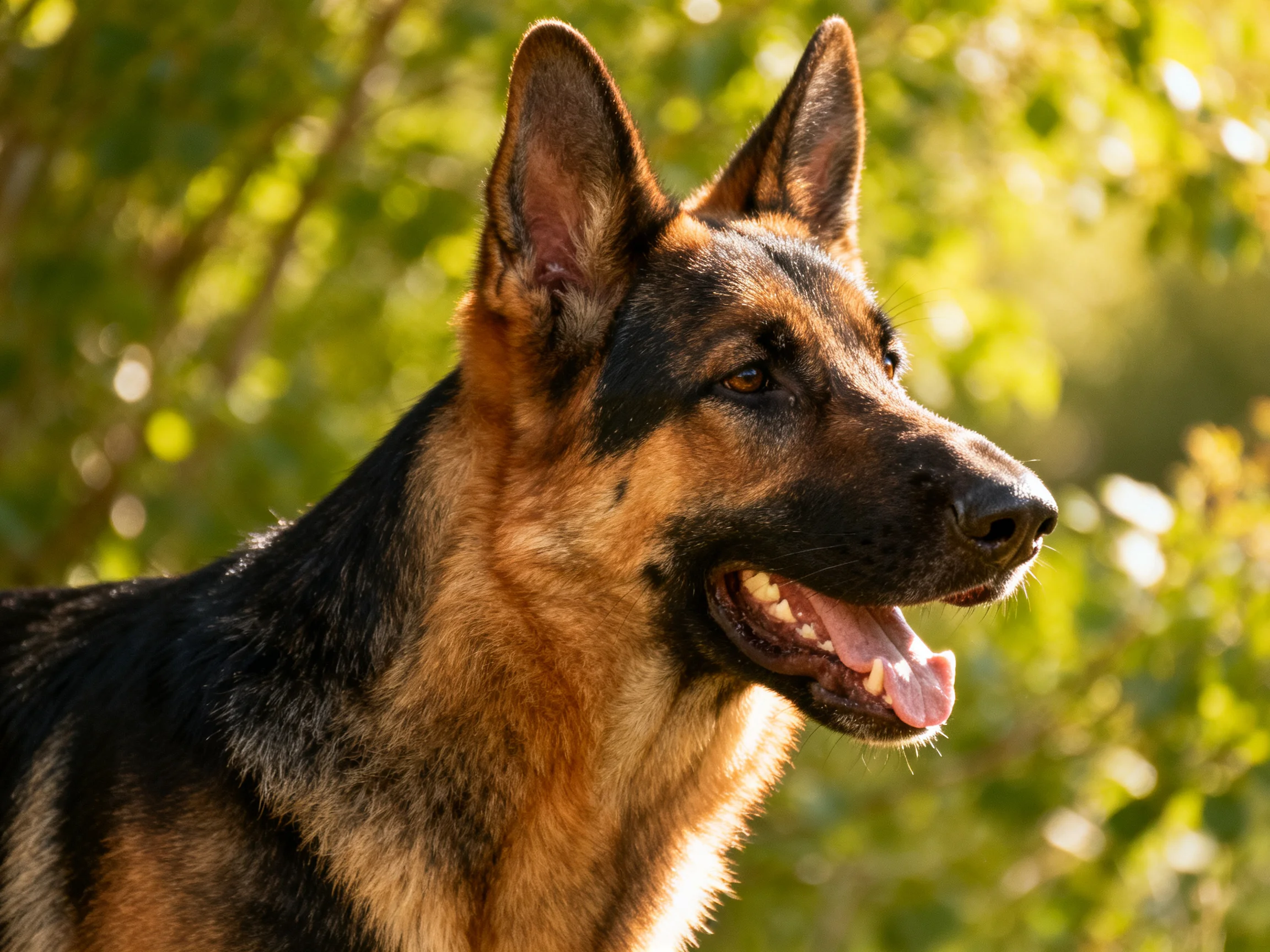 A German Shepherd is outdoors near green foliage.