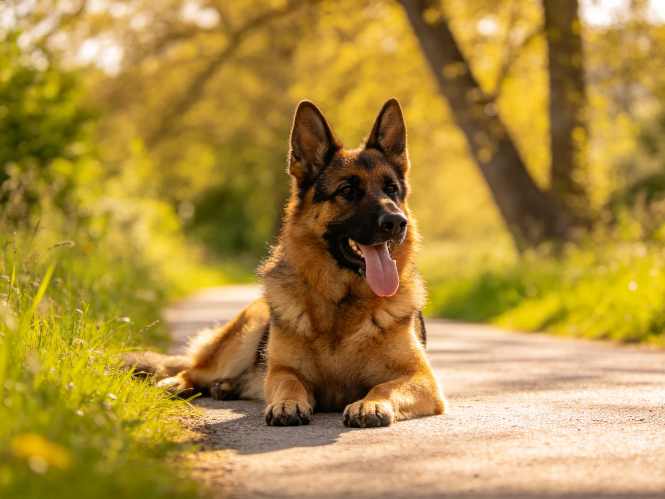 A German Shepherd relaxes on a sunlit path in a green outdoor setting.