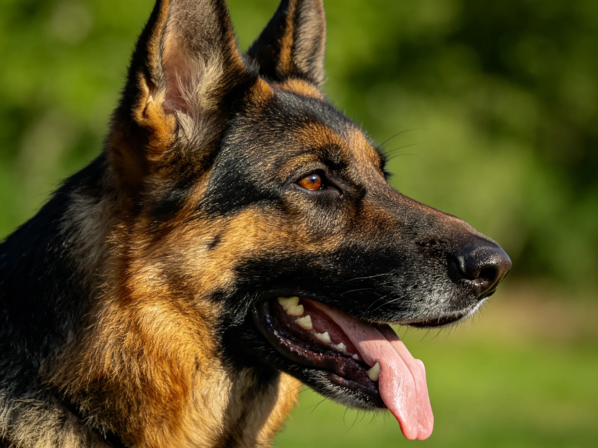 A German Shepherd with black and tan fur pants contentedly in a sunny outdoor setting.