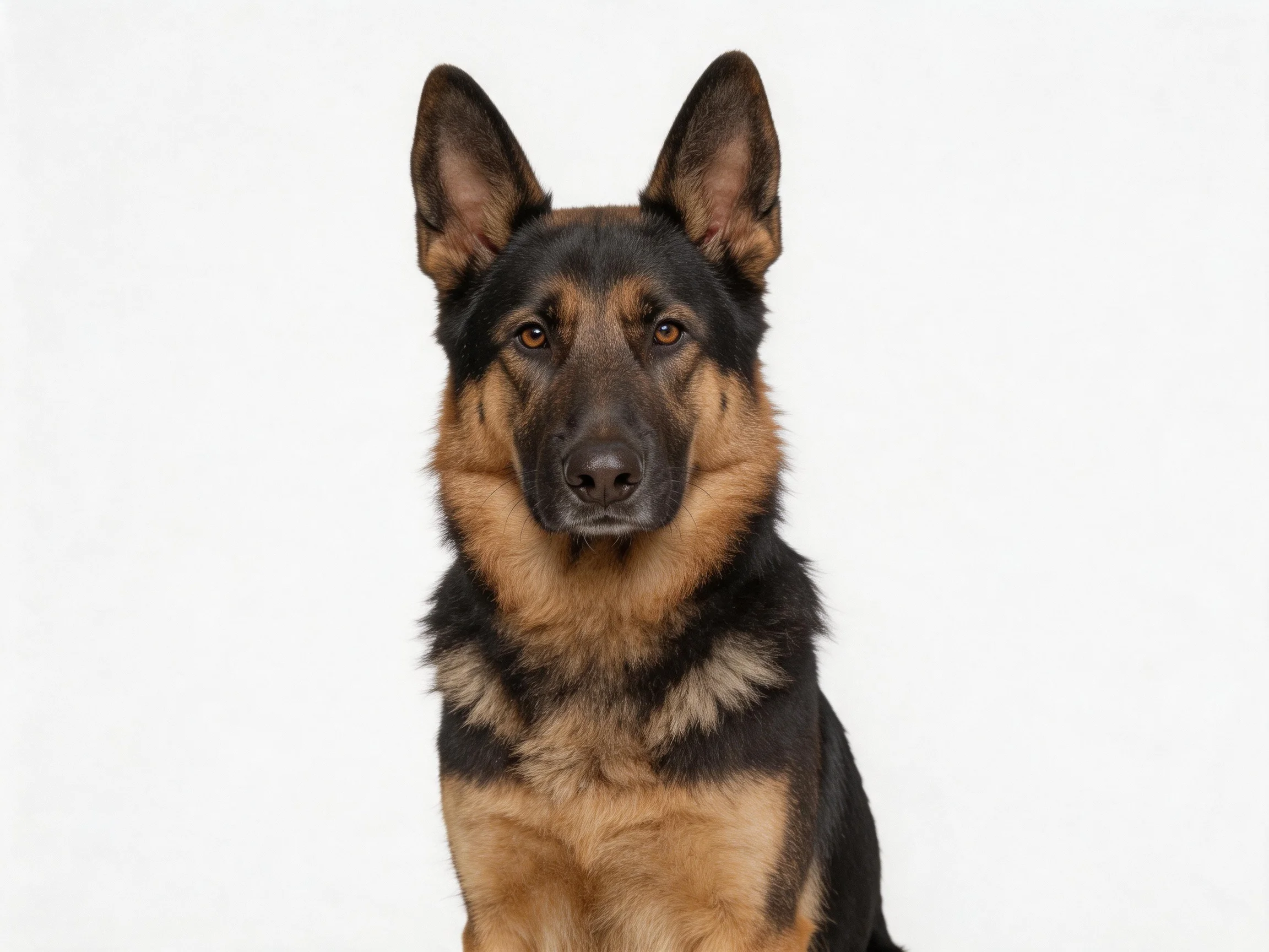 A German Shepherd sits calmly with a neutral expression against a plain white background.
