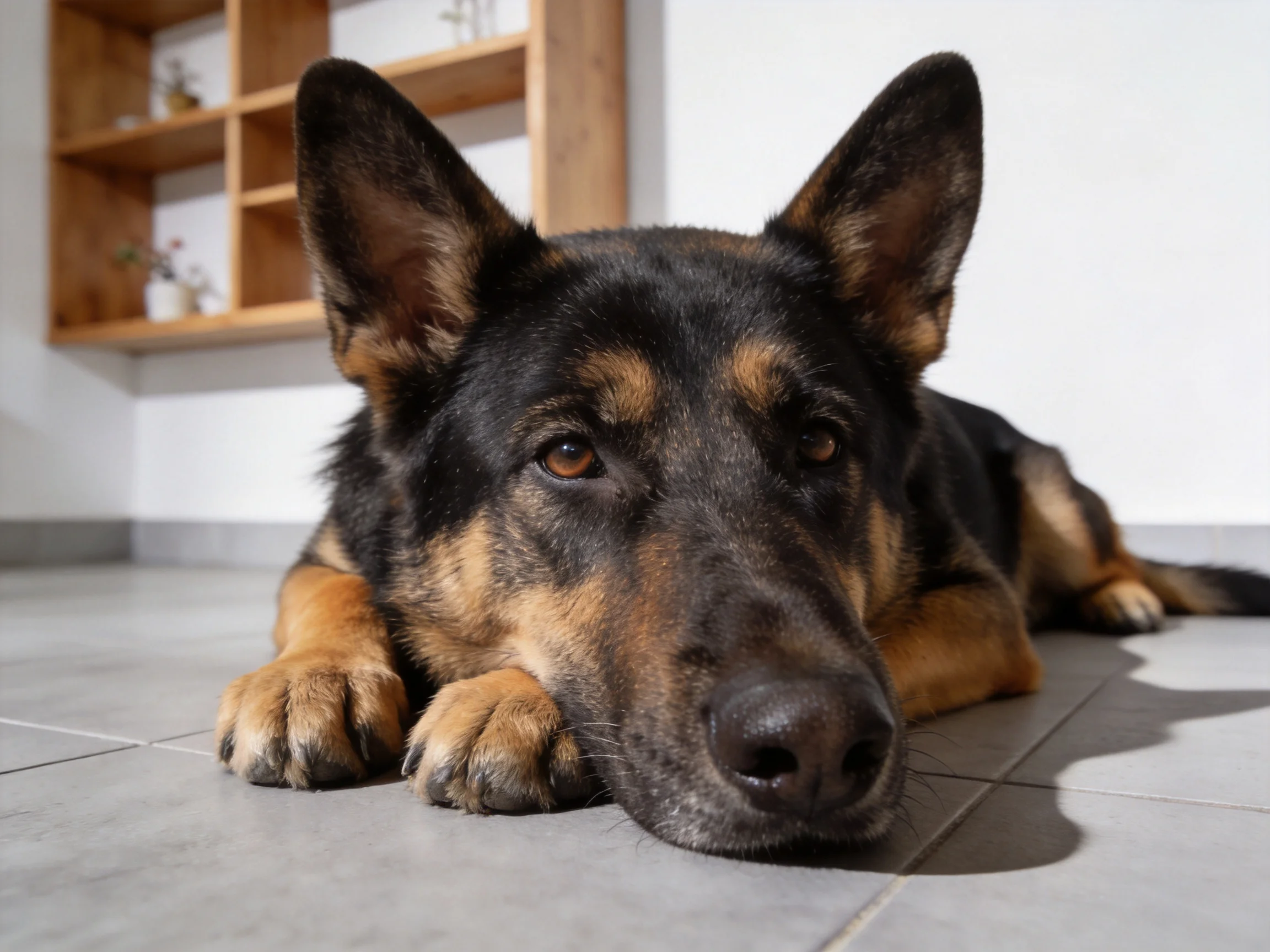 A German Shepherd with black and tan fur relaxes on tiled flooring beside wooden shelves