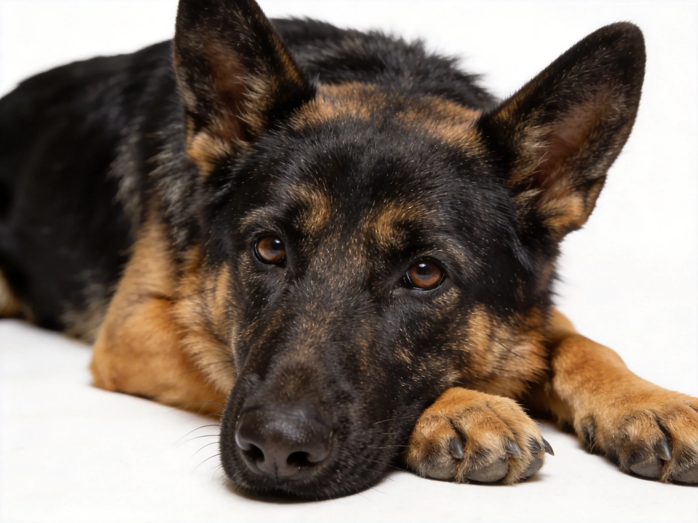 A German Shepherd with black and tan fur resting on a white surface