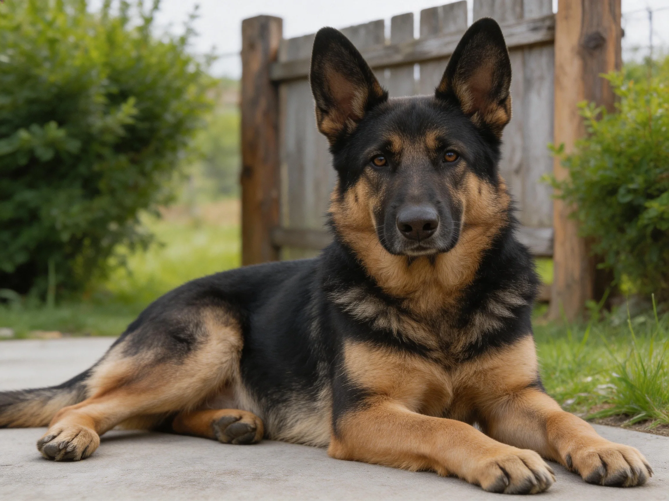 A German Shepherd lies calmly on a concrete path with a wooden fence in the background