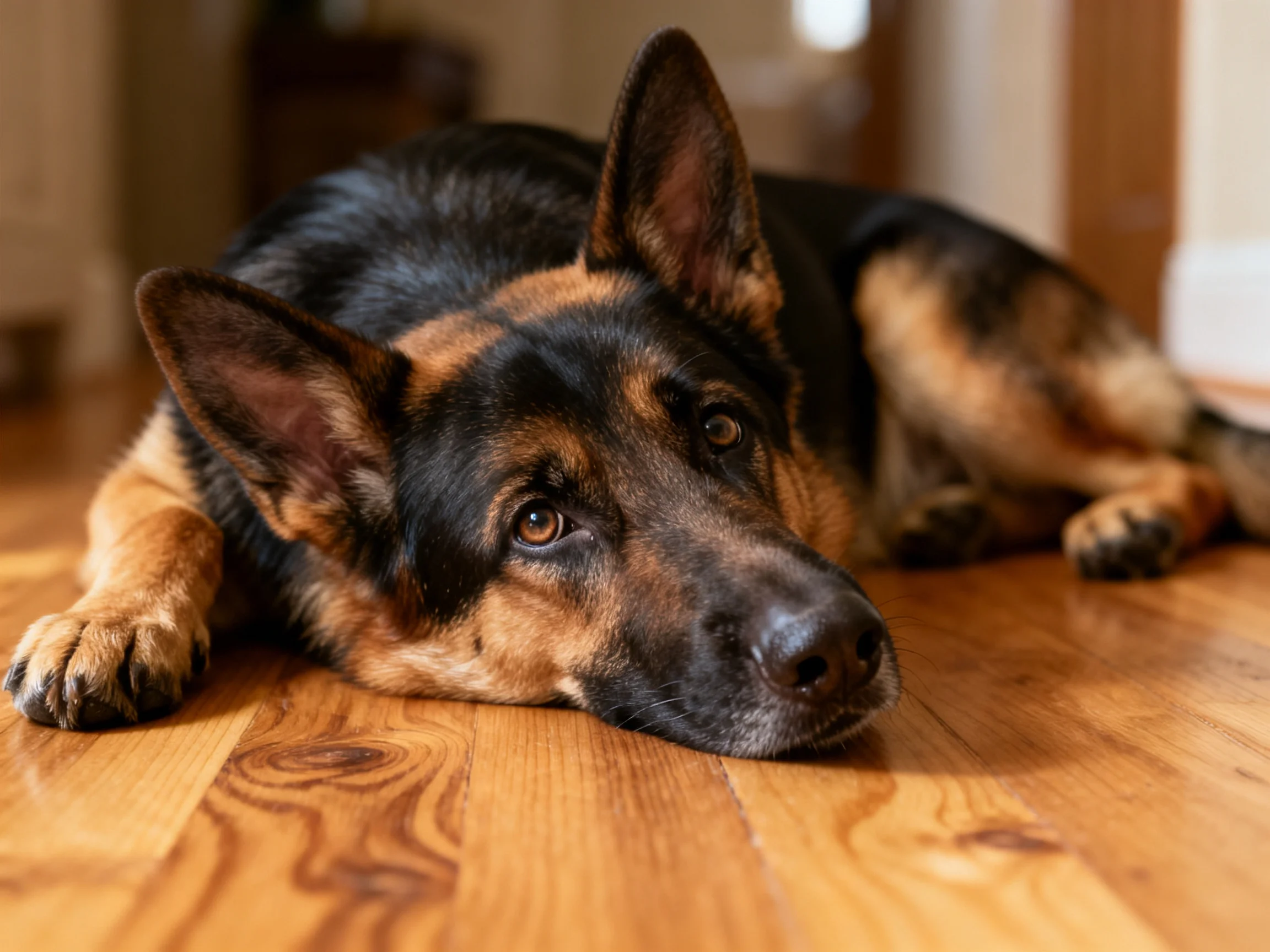 A German Shepherd rests peacefully on a wooden floor.