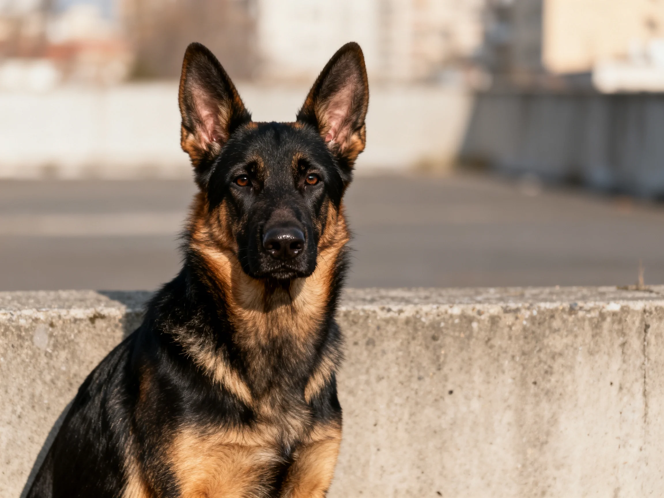 A German Shepherd sits near a concrete barrier in an outdoor setting.