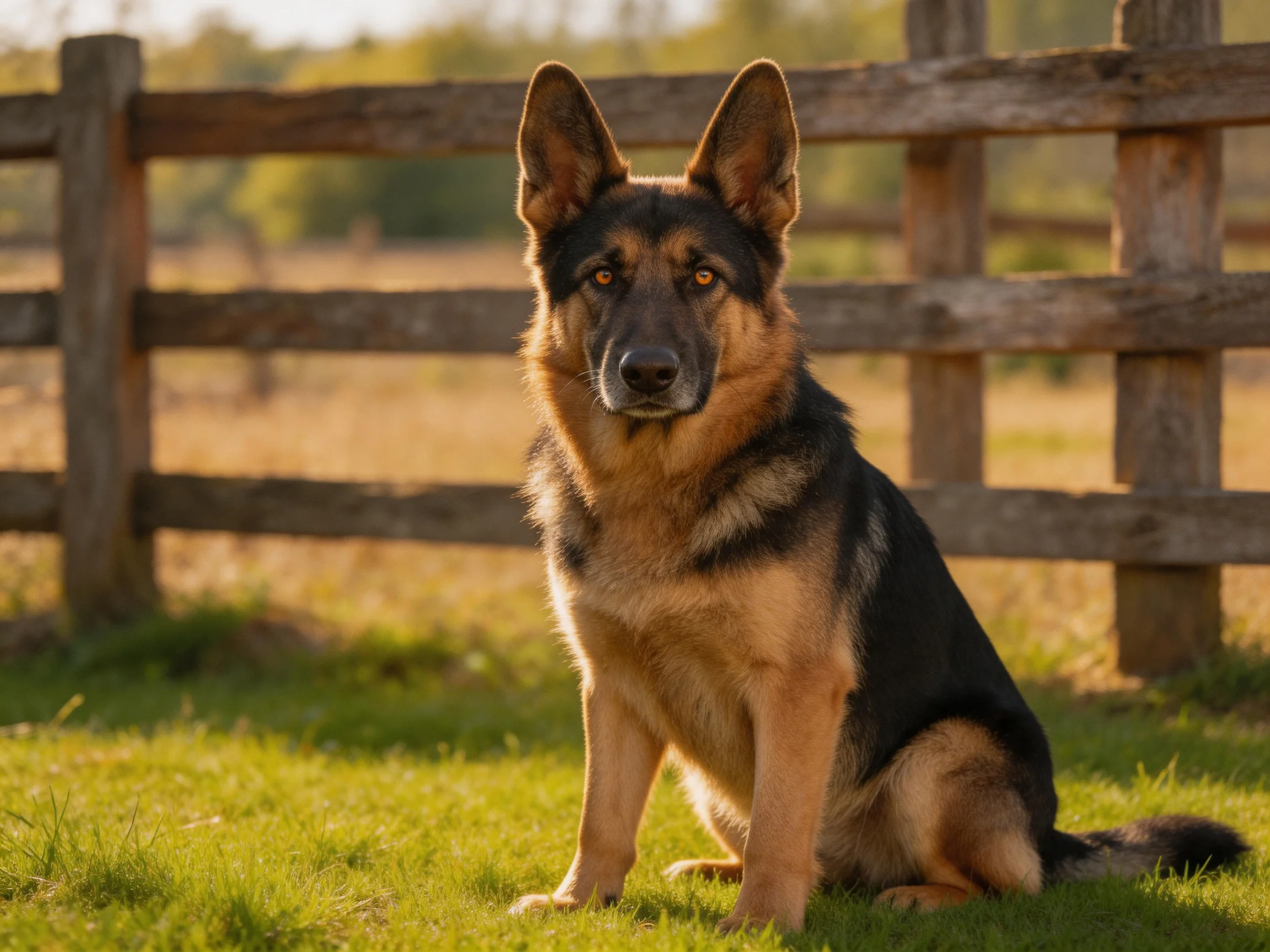 A German Shepherd rests calmly beside a wooden fence in a sunlit rural area