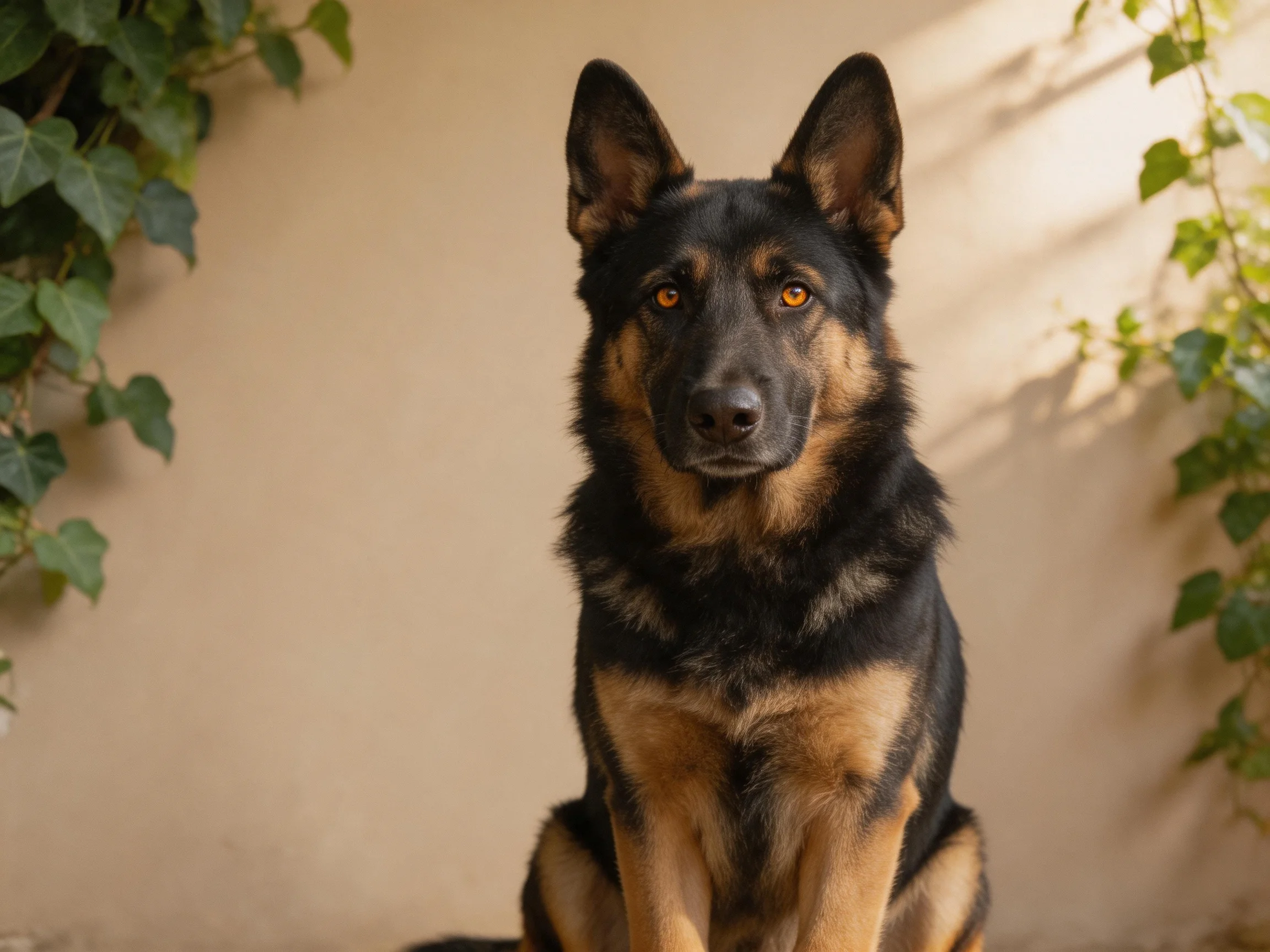 A German Shepherd with black and tan fur sits calmly beside green vines