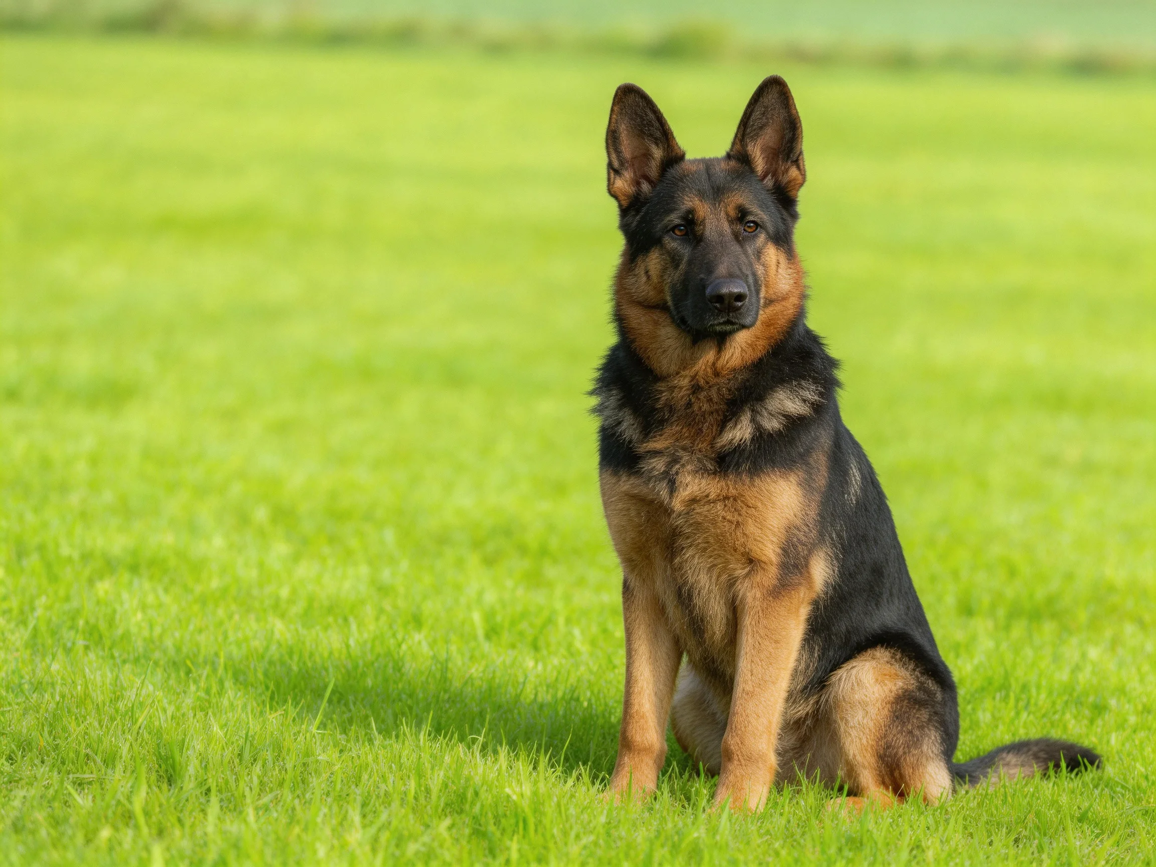 A German Shepherd sits calmly on a grassy field.
