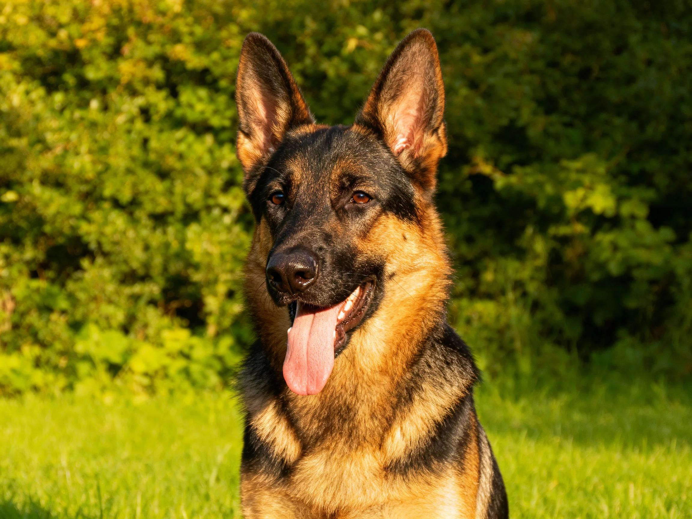A German Shepherd relaxes in a sunlit area with dense green foliage behind it.
