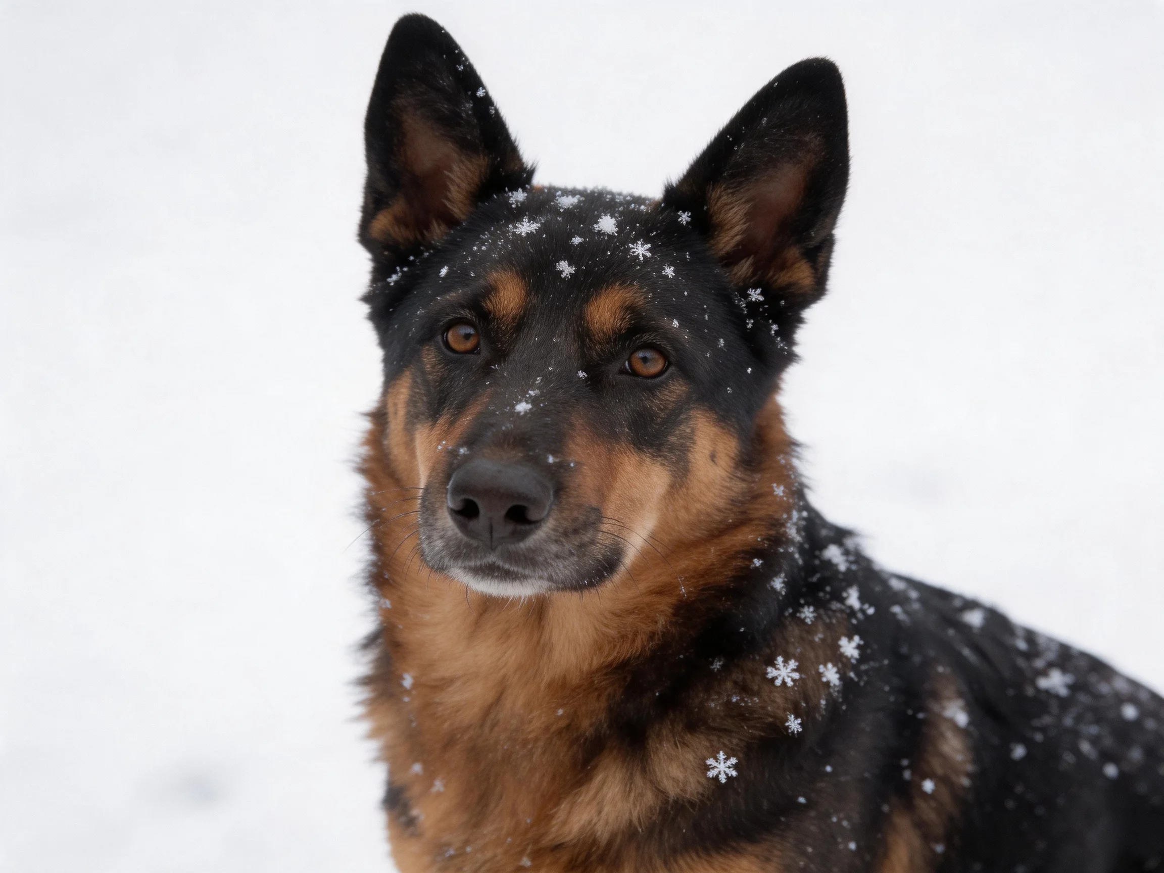 A German Shepherd with snowflakes on its fur stands in a snowy landscape.