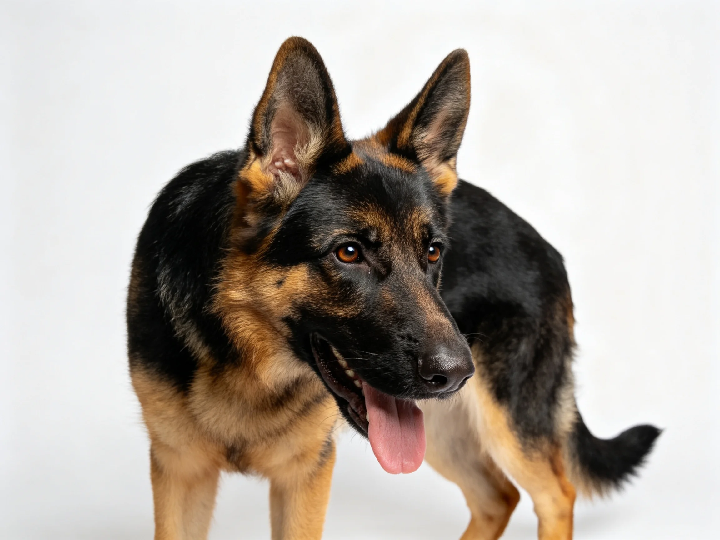 A German Shepherd stands alert with its tongue out against a plain white backdrop.