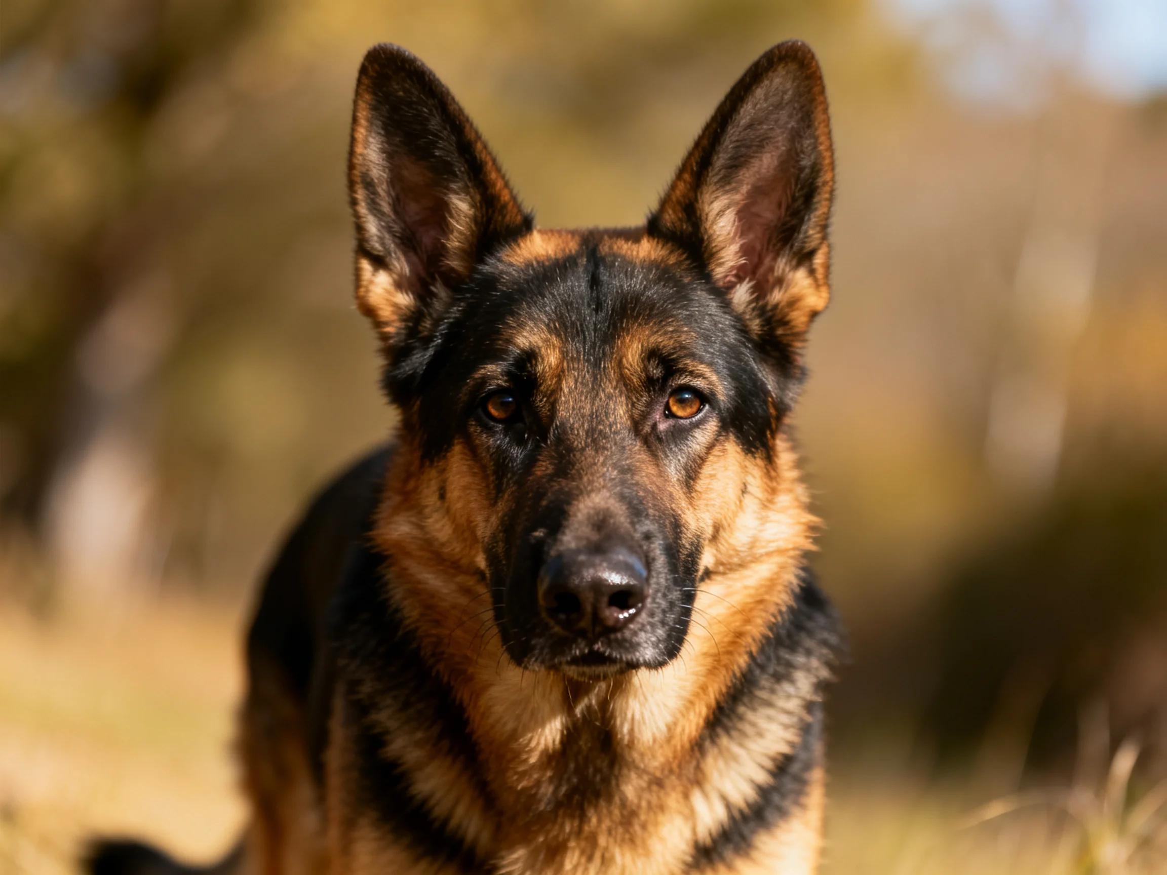 A German Shepherd stands alert in an outdoor setting with blurred natural surroundings.