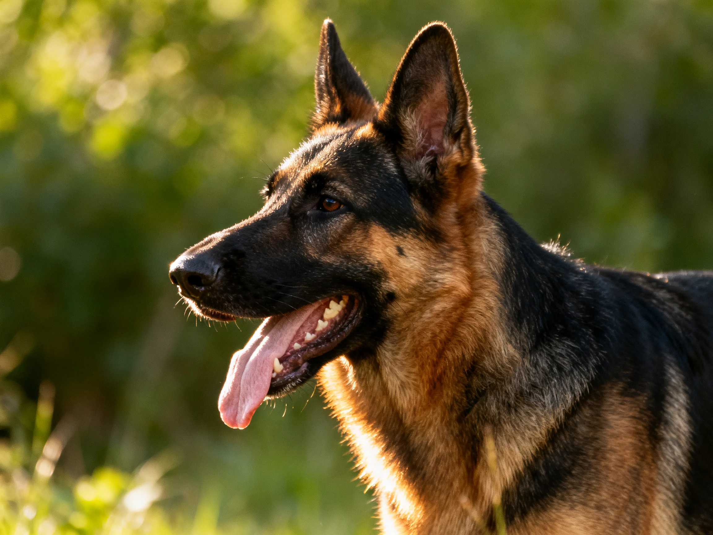 A German Shepherd with black and tan fur stands in a sunlit outdoor setting.