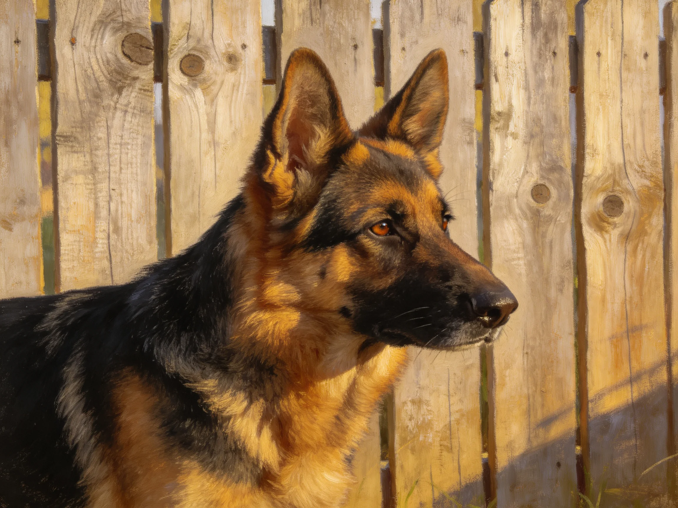 A German Shepherd gazes near a weathered wooden fence.