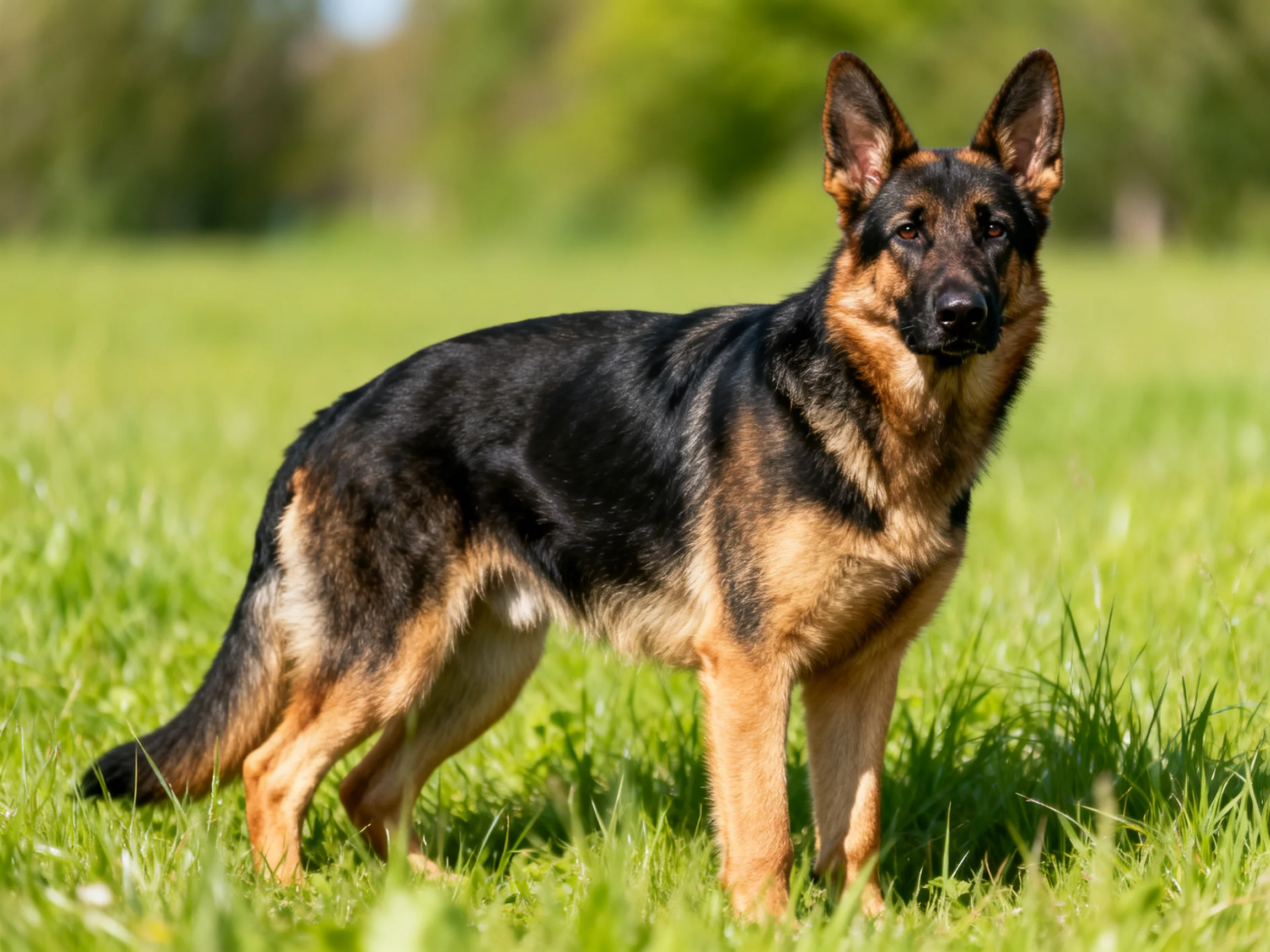 A German Shepherd stands alert in a sunlit grassy field.