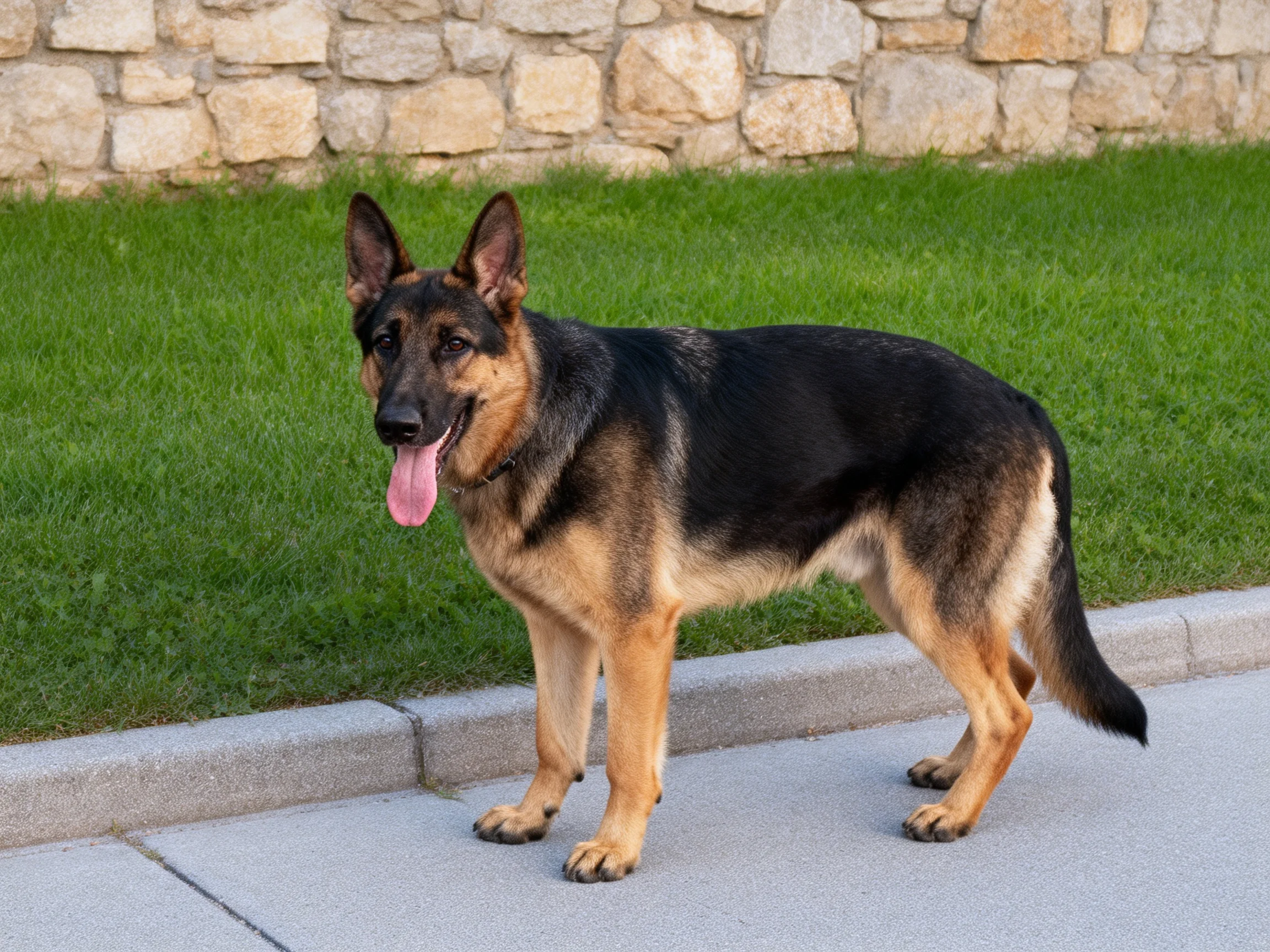 A German Shepherd with black and tan fur stands near green grass and stone wall