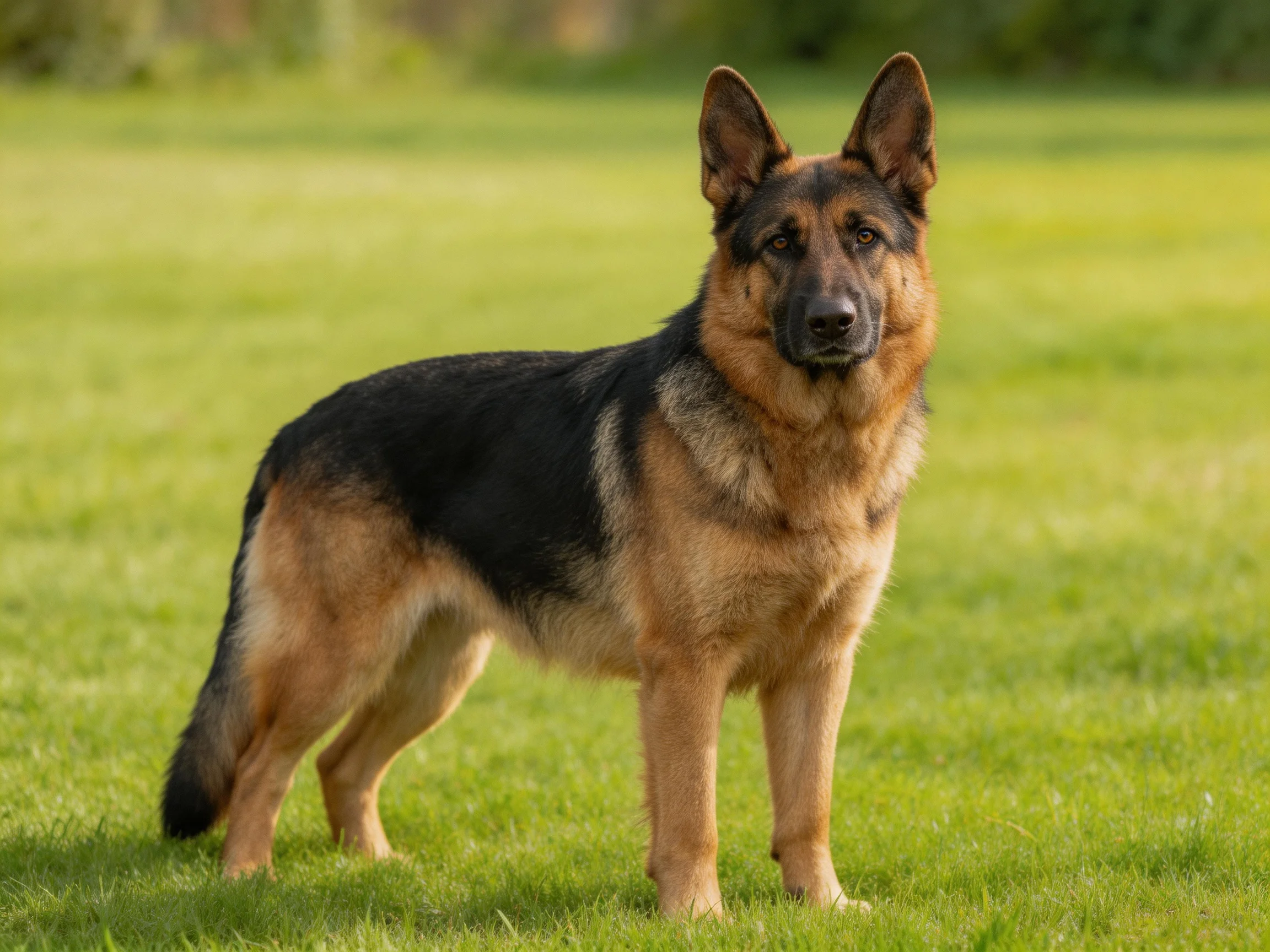 A German Shepherd stands attentively on a grassy field.