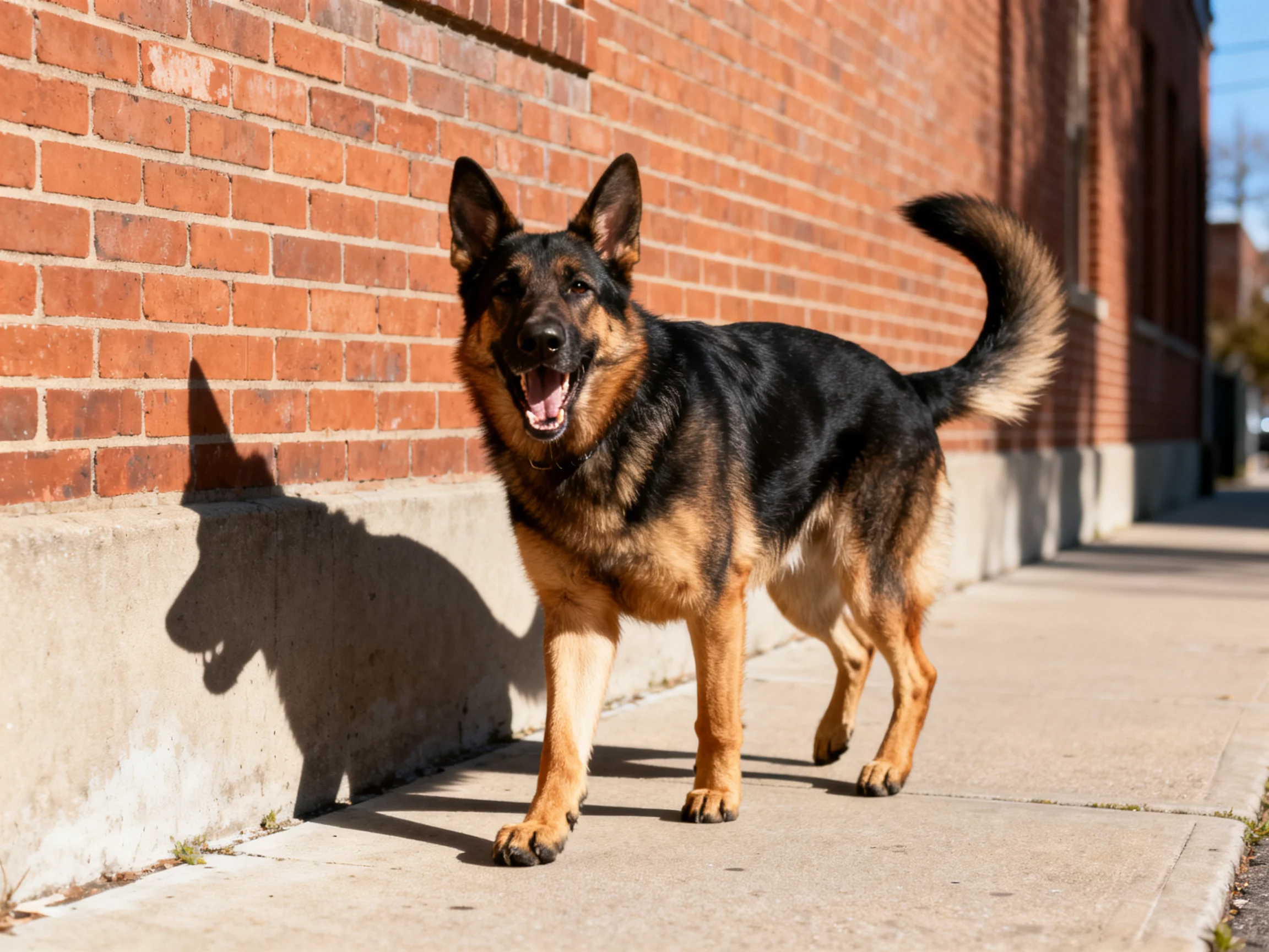 A German Shepherd walks along a red brick wall on a sunny day.