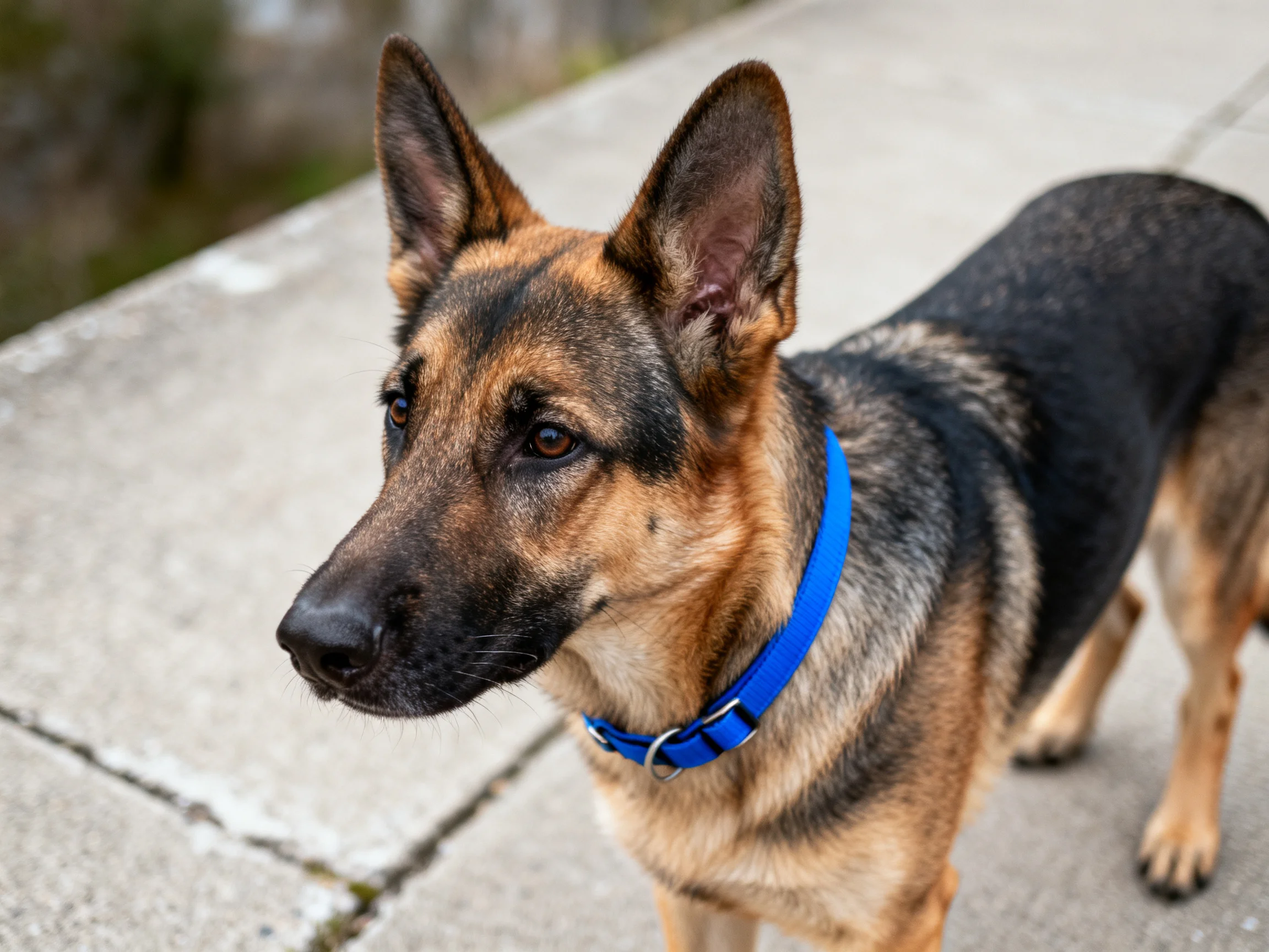 A German Shepherd with a blue collar stands on a concrete surface.