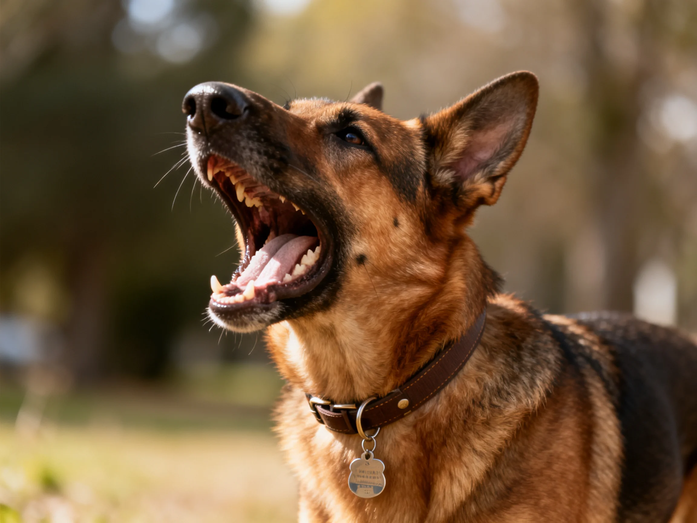 A German Shepherd barks with its mouth wide open in an outdoor setting