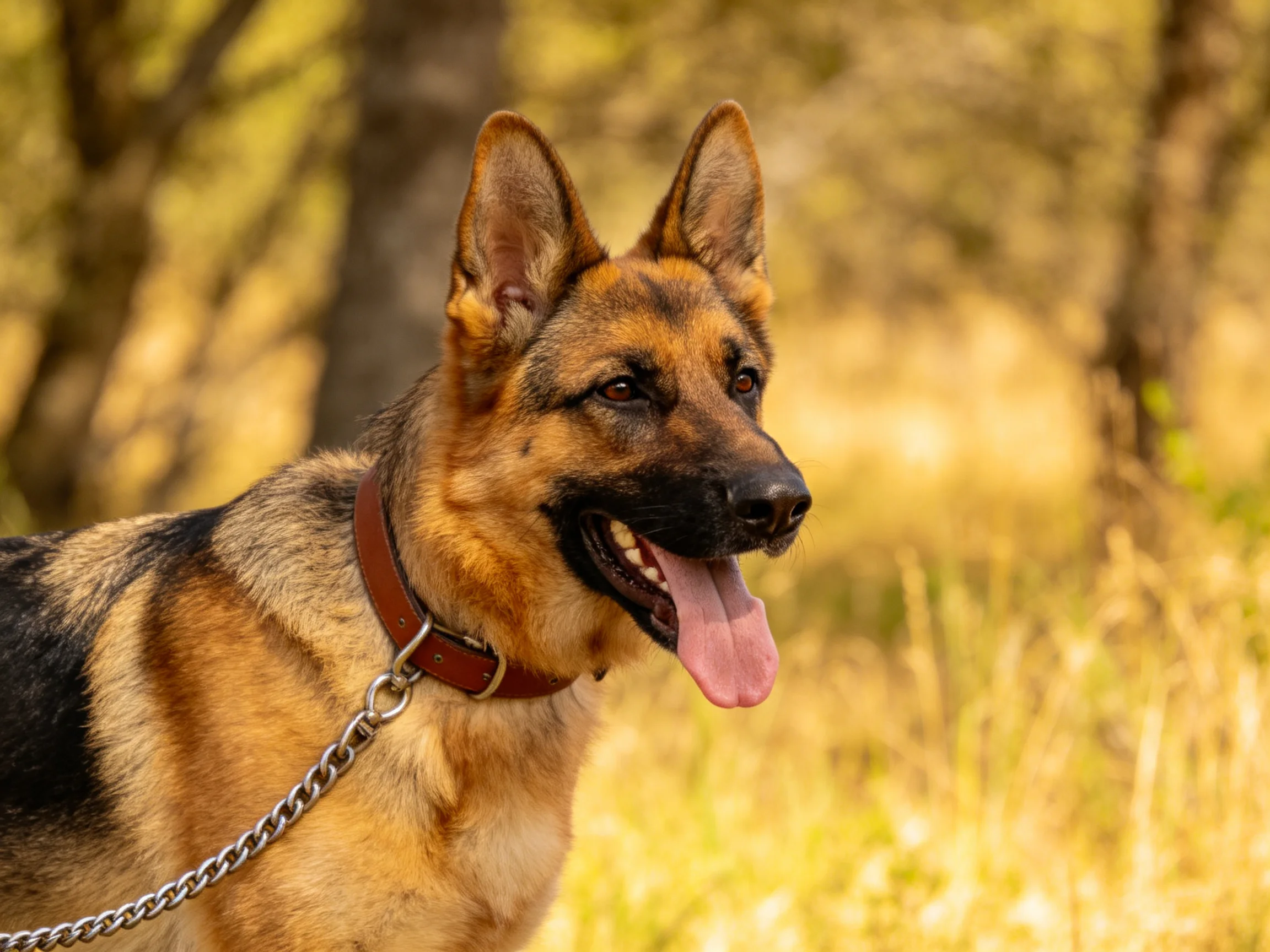 A German Shepherd stands alert in a sunlit outdoor setting.