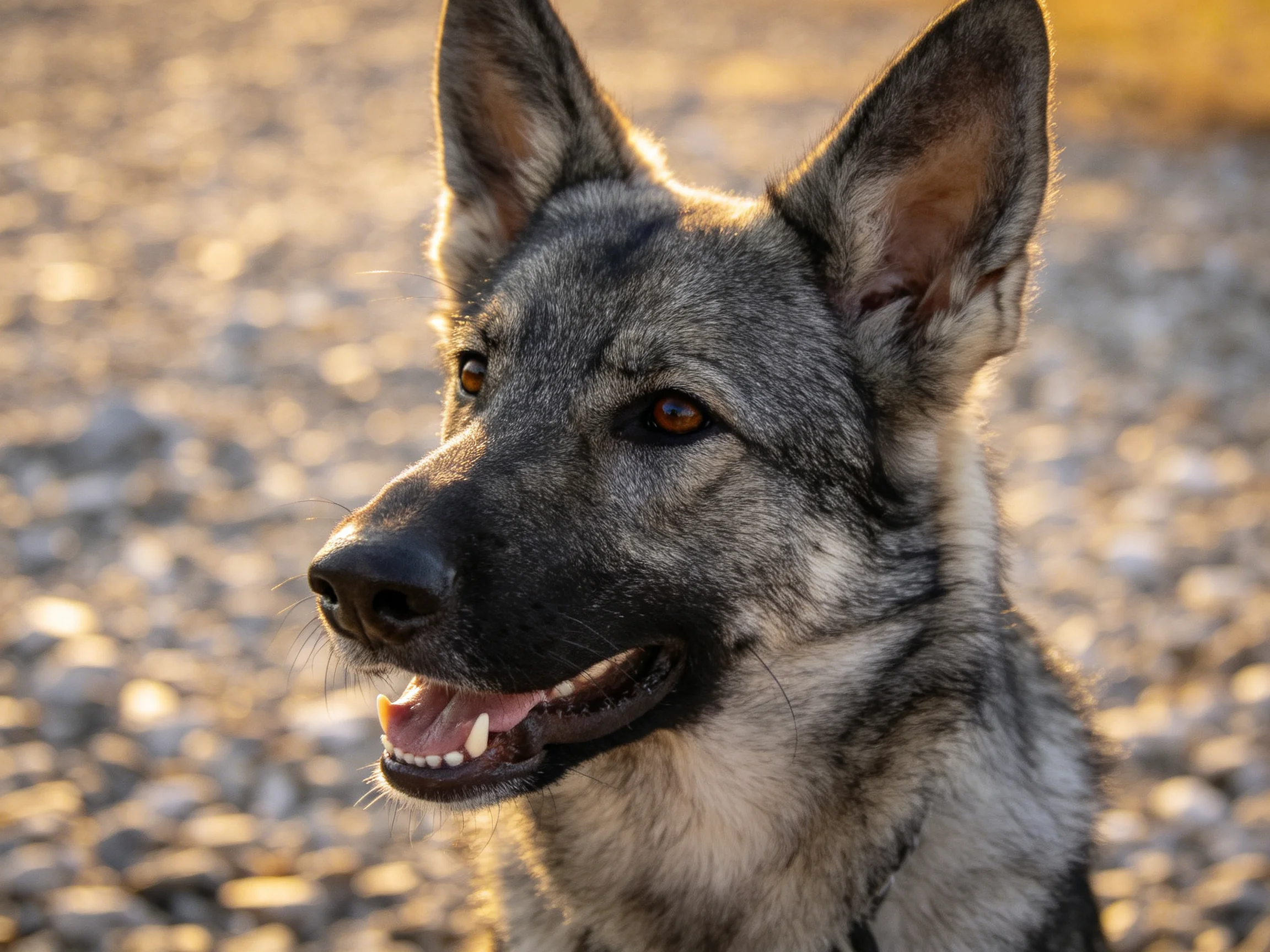A German Shepherd stands on gravel illuminated by golden light.