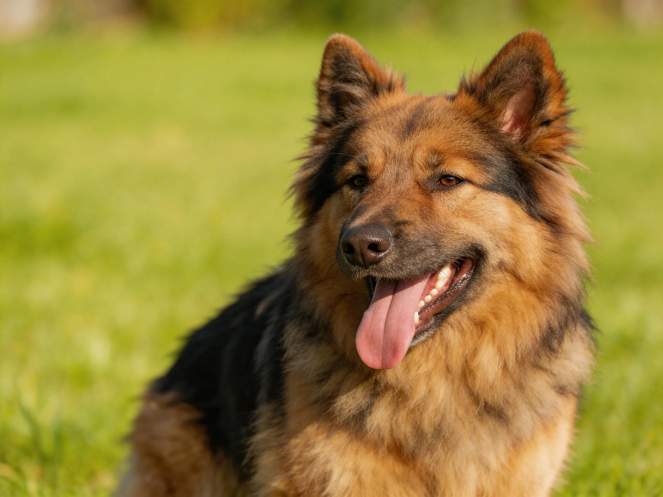 A German Shepherd sits contentedly on a grassy field.