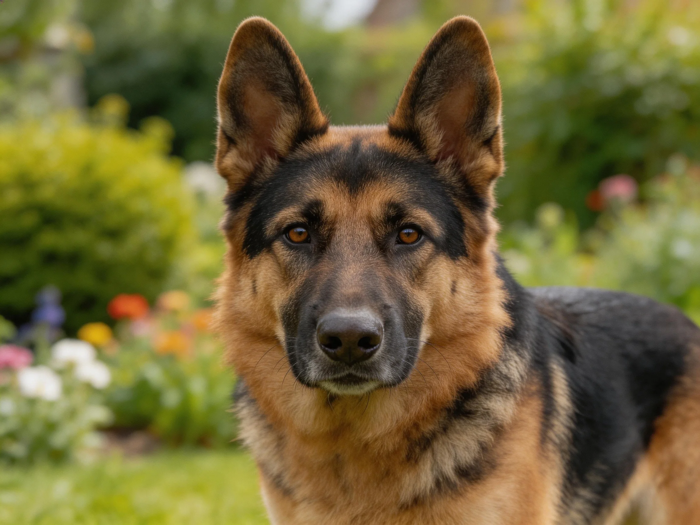 A German Shepherd stands attentively in a flower-filled garden.