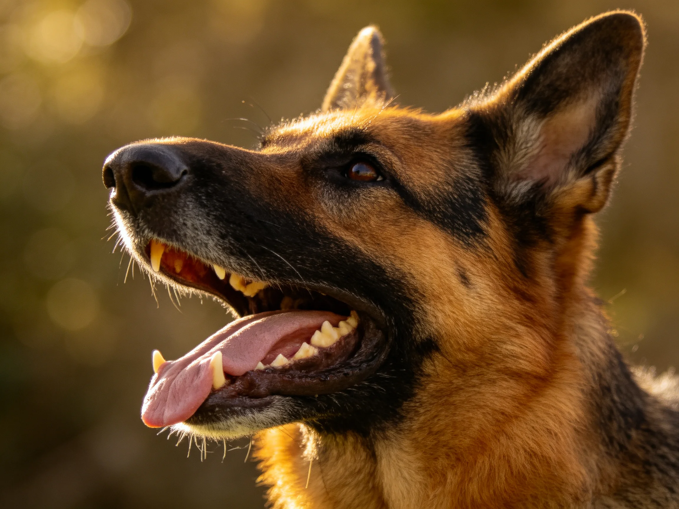 A German Shepherd dog pants contentedly outside.
