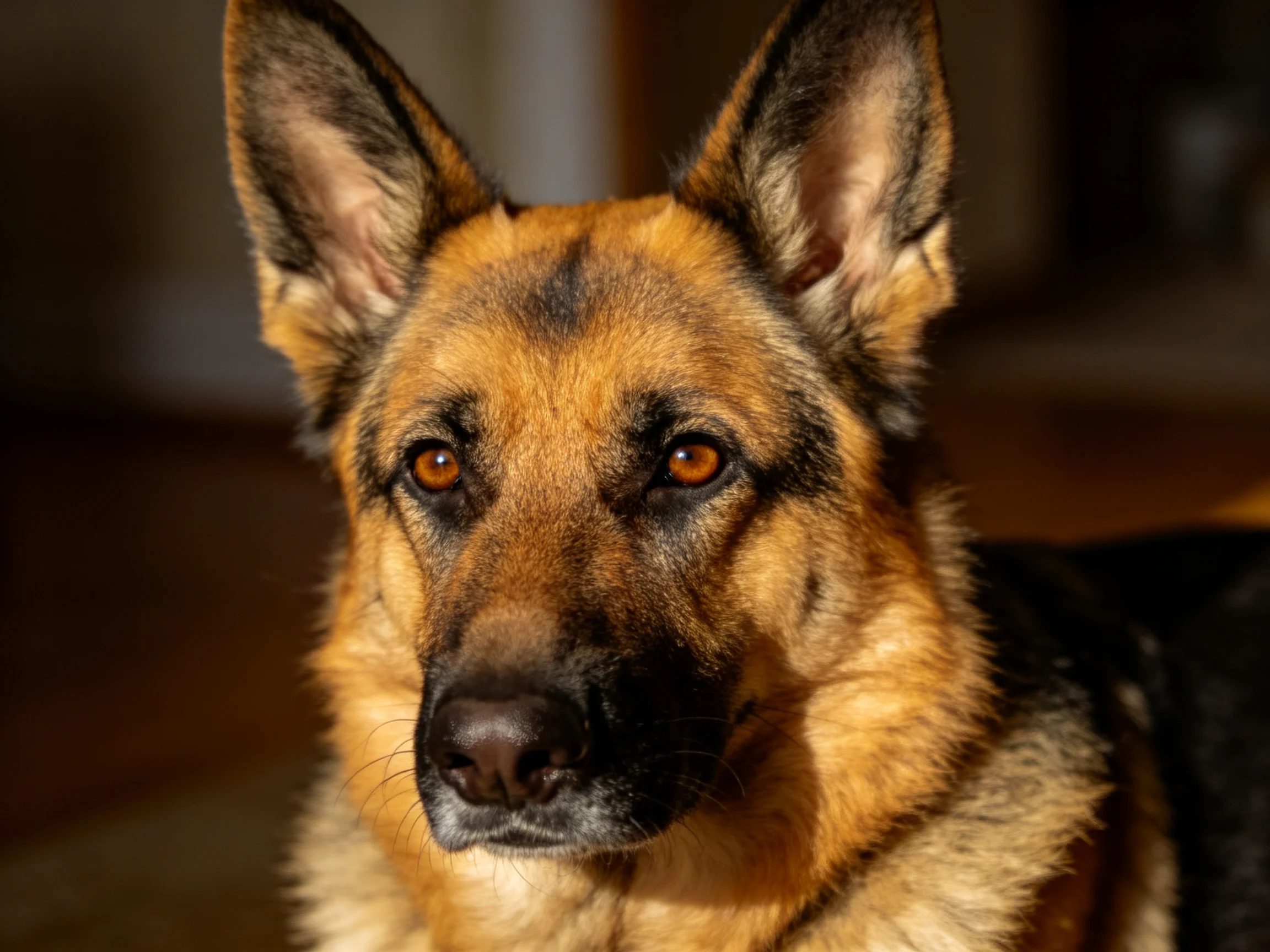 A German Shepherd dog with tan and black fur looks directly forward.