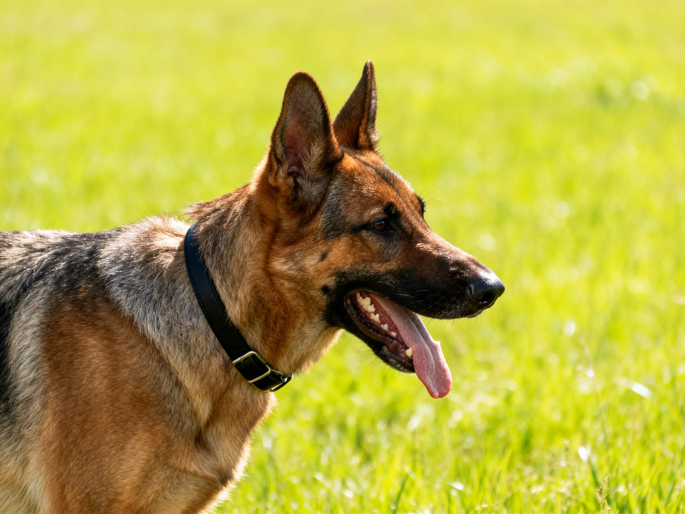 A German Shepherd stands on vibrant green grass with its mouth open.