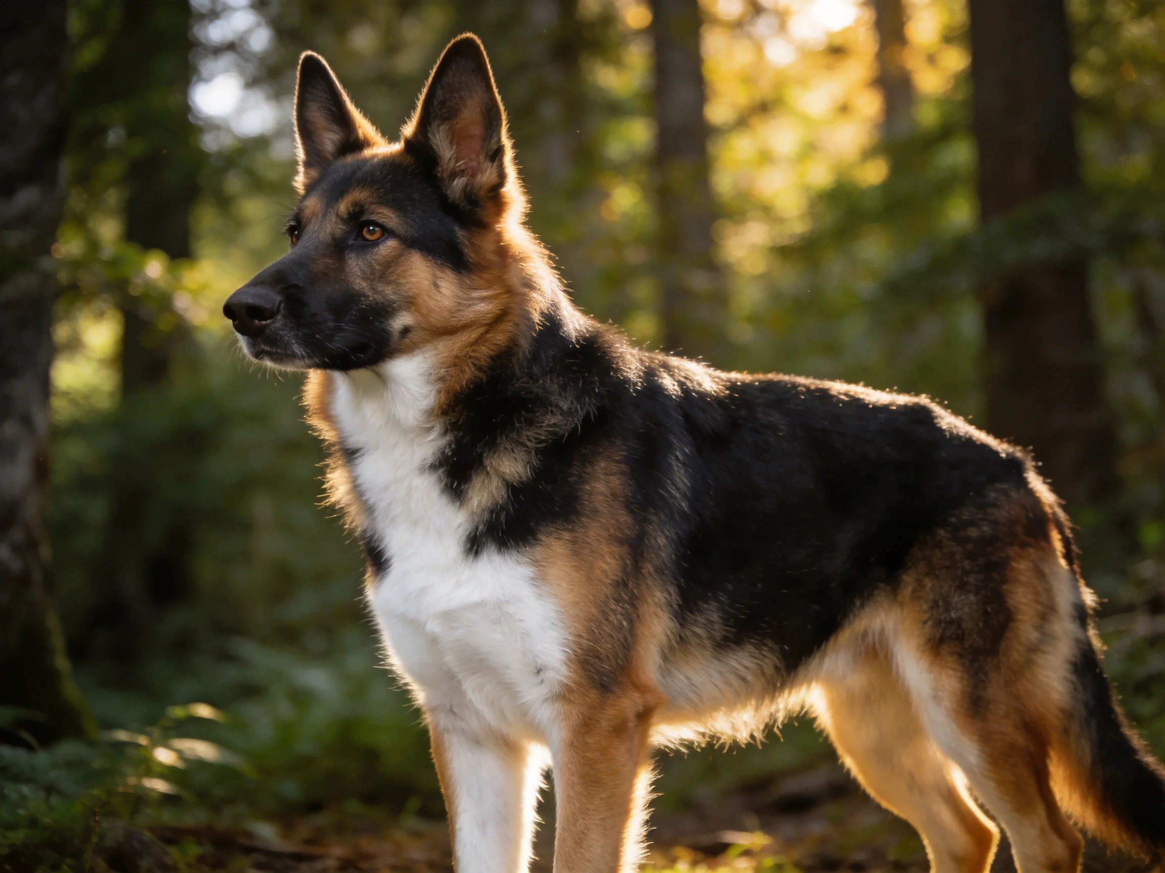 A German Shepherd stands alert in a sunlit forest environment.