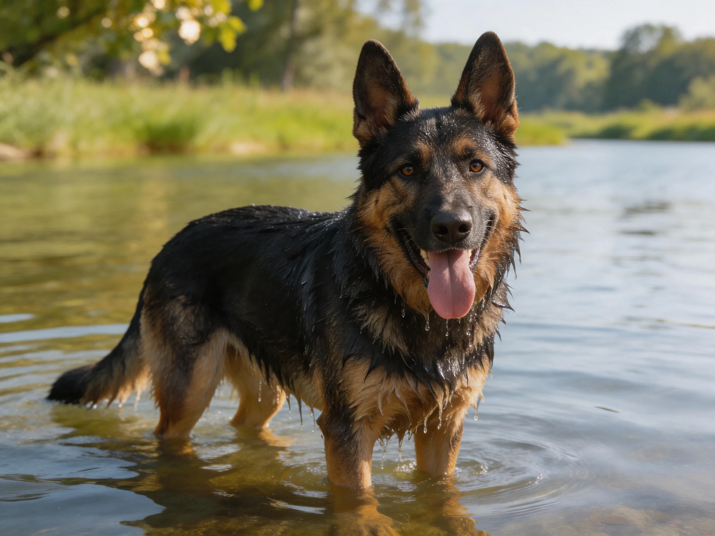 A German Shepherd stands in shallow river water near greenery
