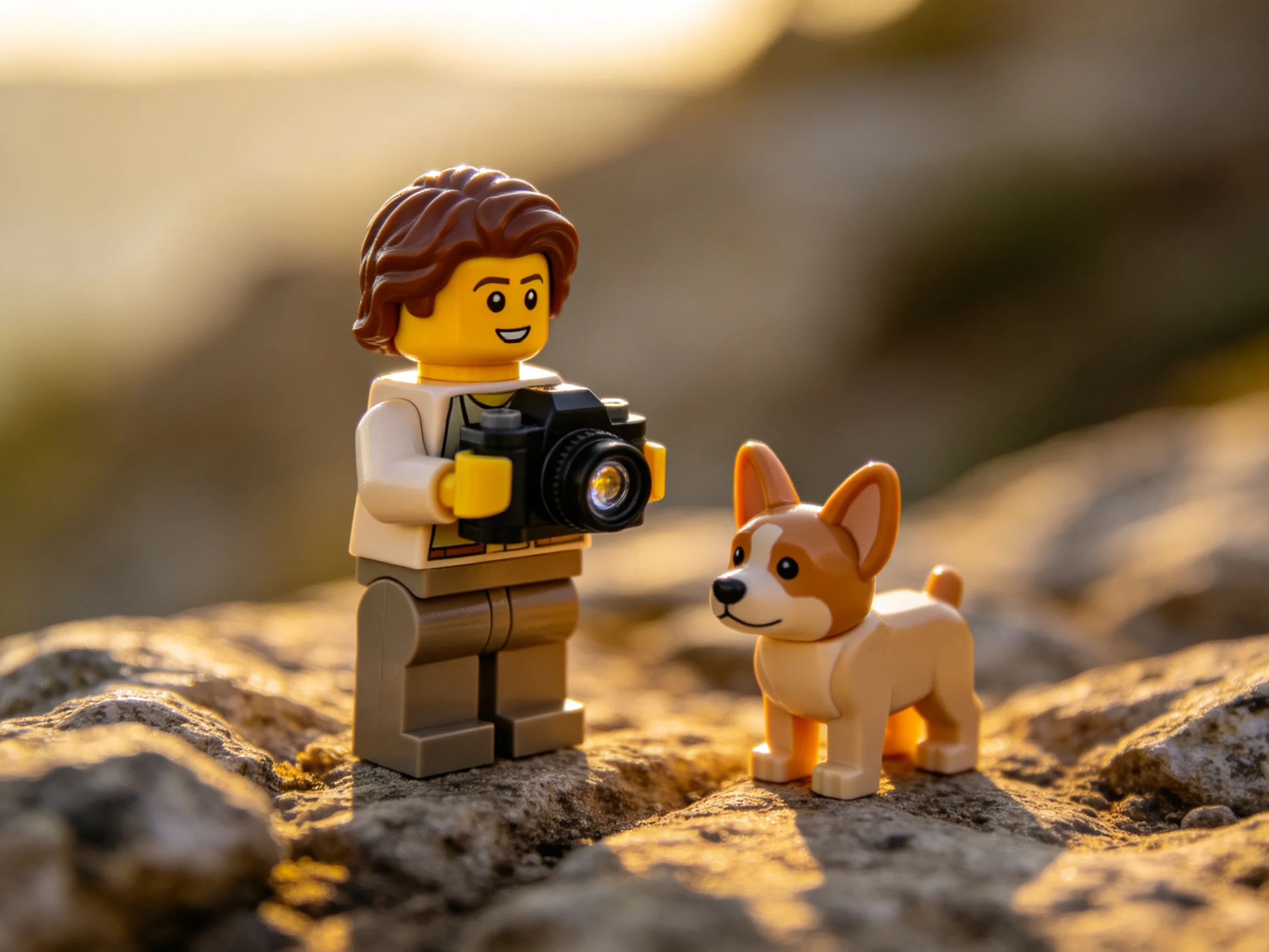 A LEGO figurine with a camera stands beside a corgi figurine on rocks