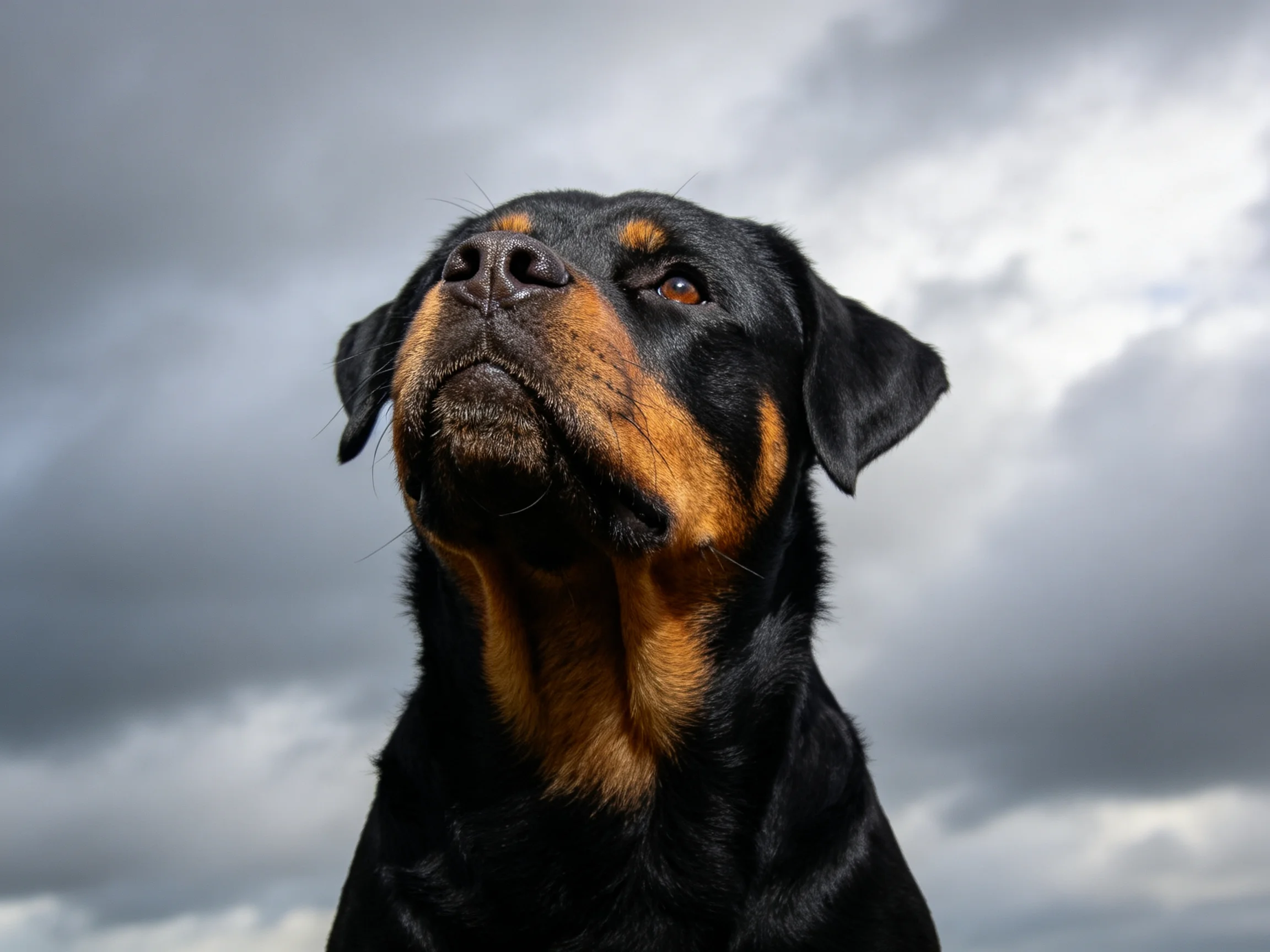 A Rottweiler with black and tan fur gazes upward at stormy clouds.