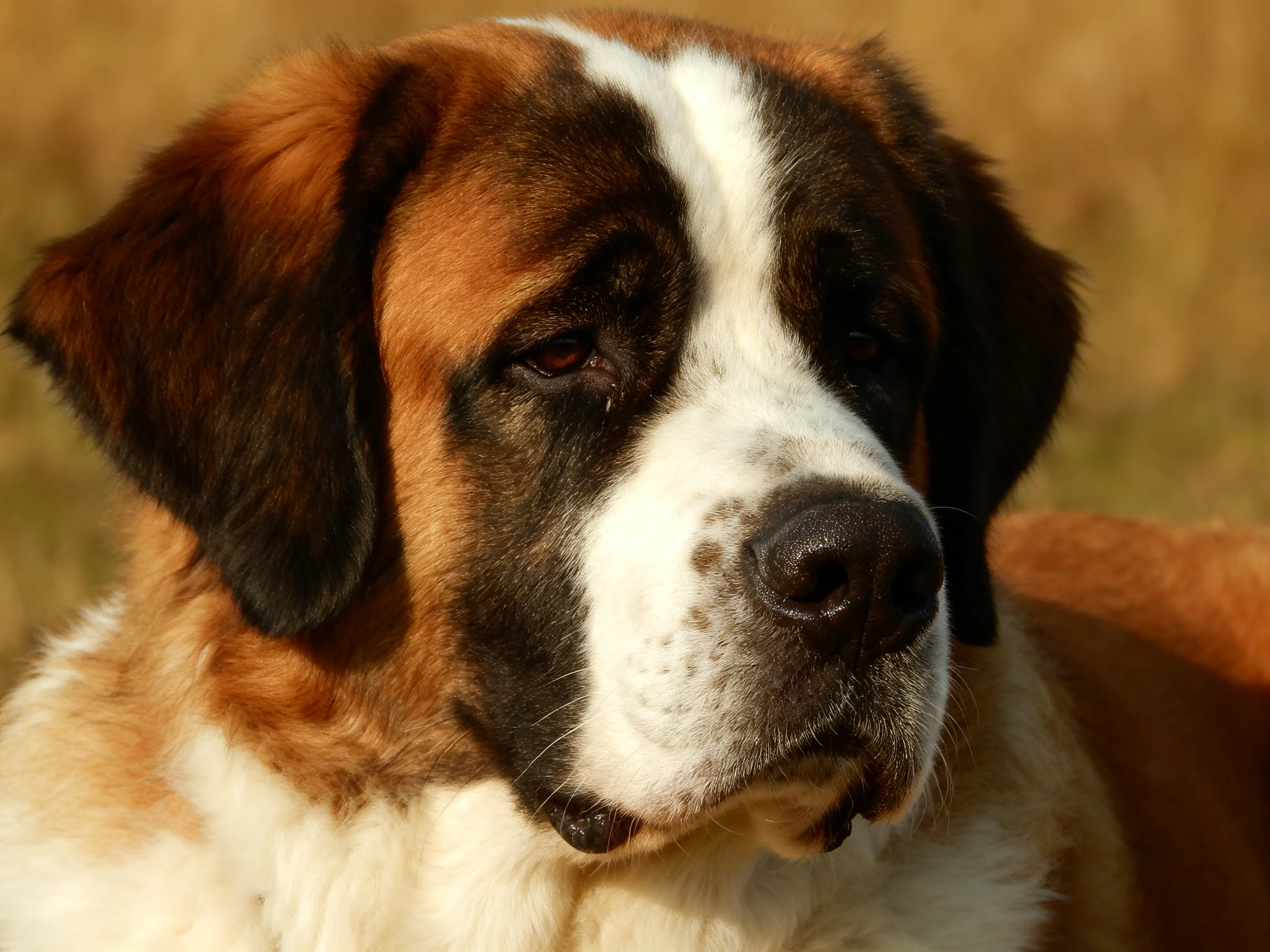 A Saint Bernard dog with brown, white, and black fur in an outdoor setting